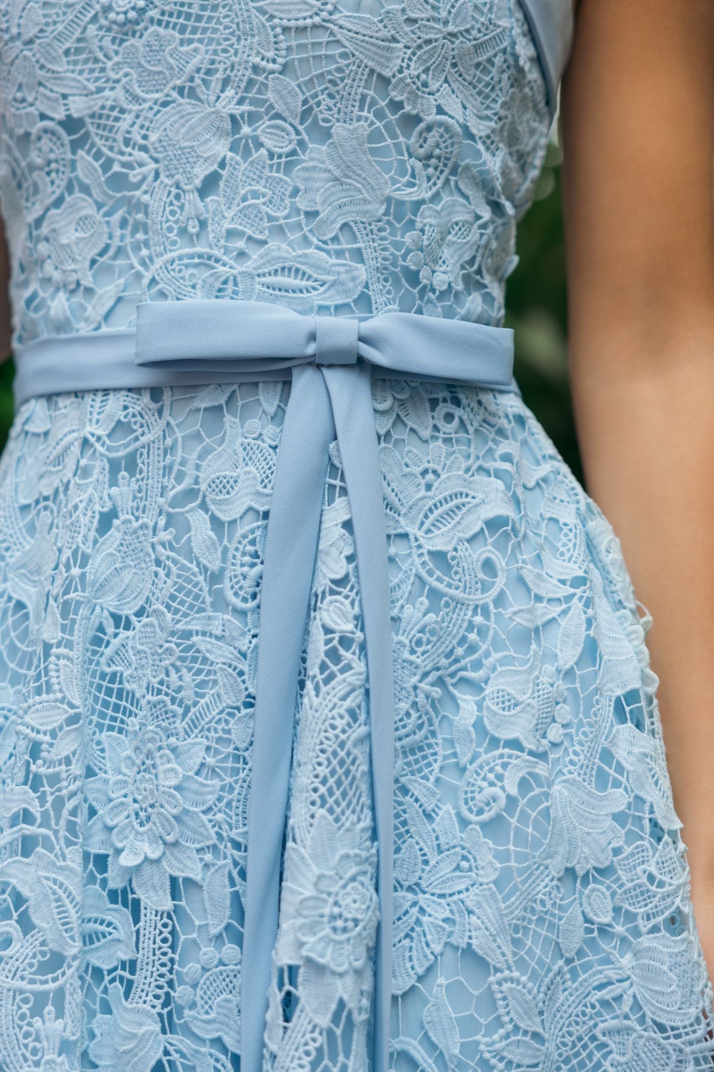 Blue Embroidered Lace Strapless Midi Dress With Bow Detail - Ieena for Mac Duggal
