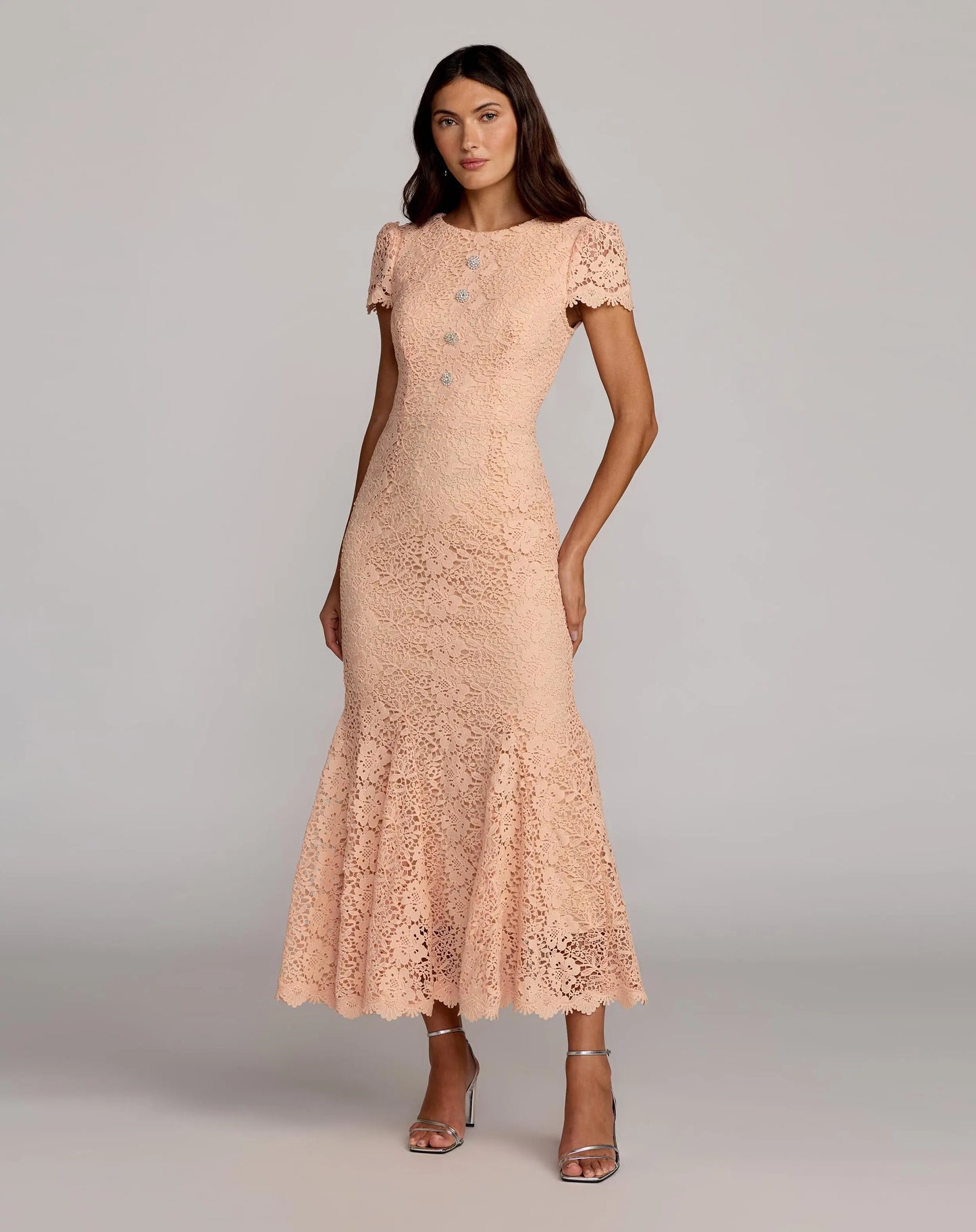 Peach Embroidered Lace Cap Sleeve Midi Dress - Ieena for Mac Duggal