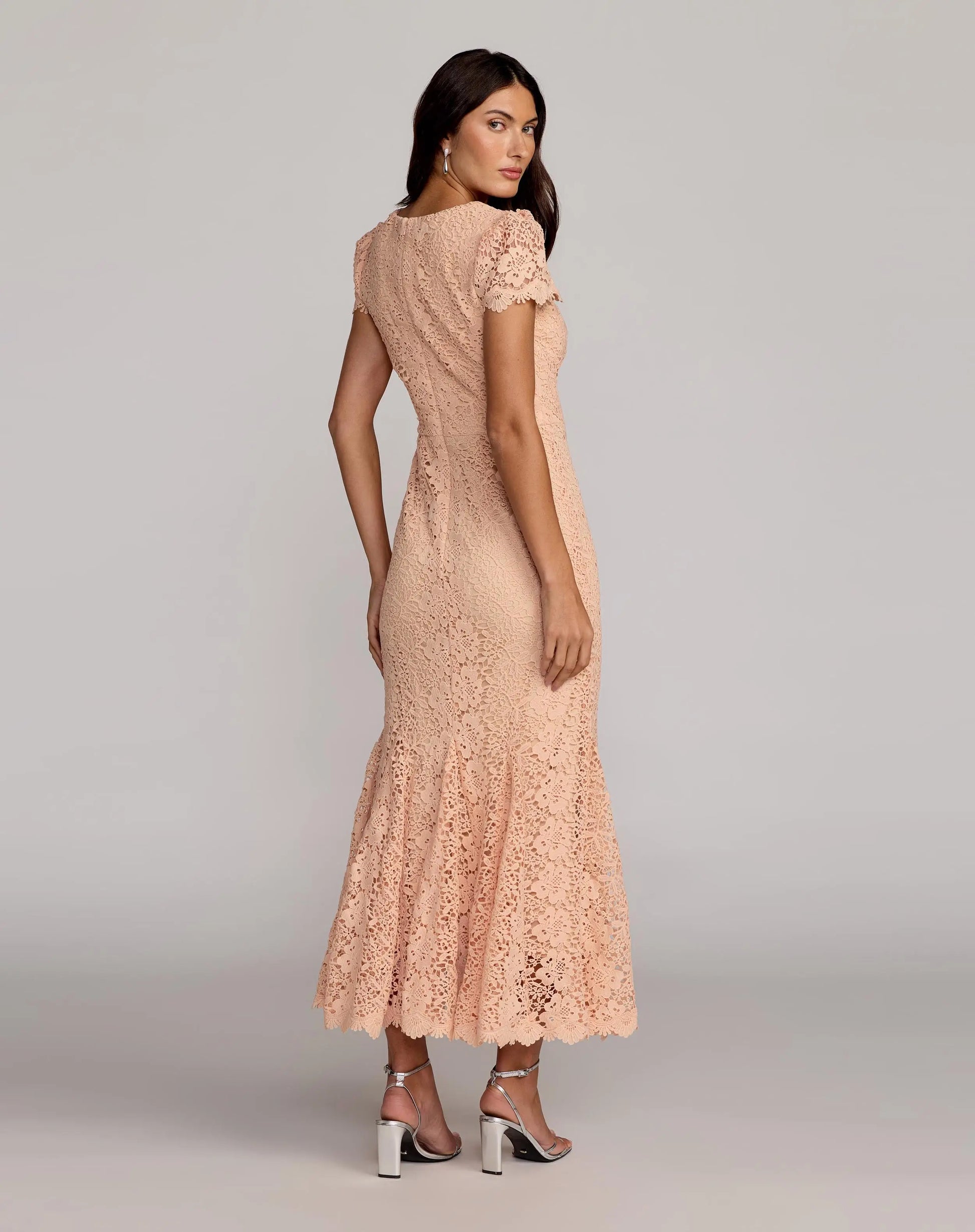 Peach Embroidered Lace Cap Sleeve Midi Dress - Ieena for Mac Duggal