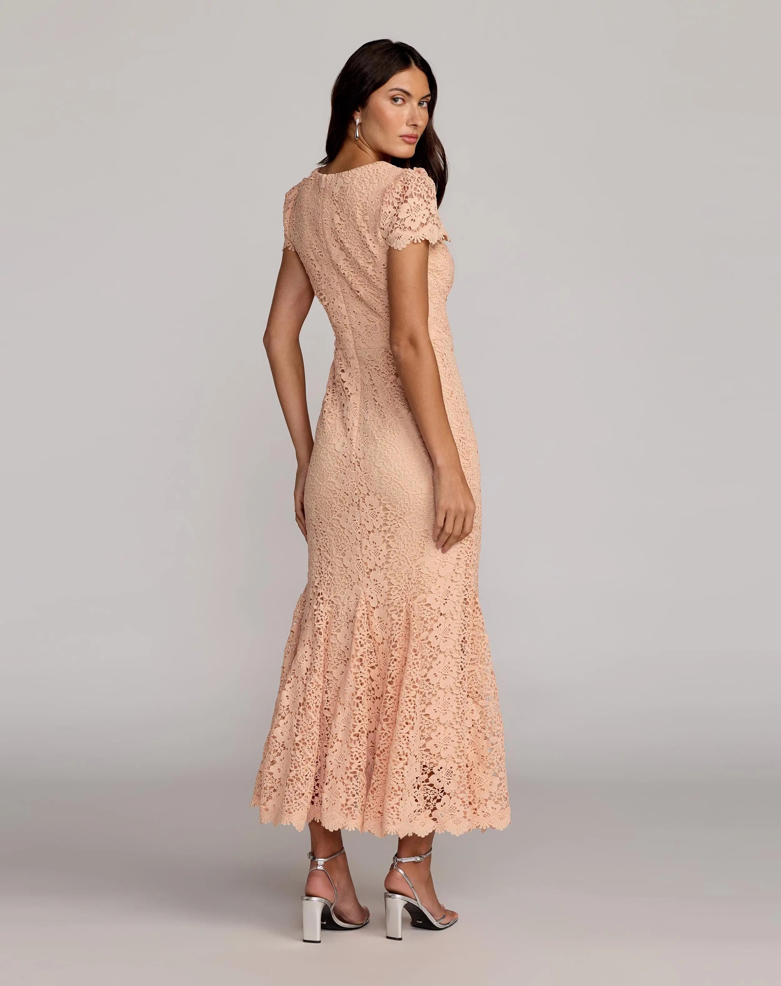 Peach Embroidered Lace Cap Sleeve Midi Dress - Ieena for Mac Duggal