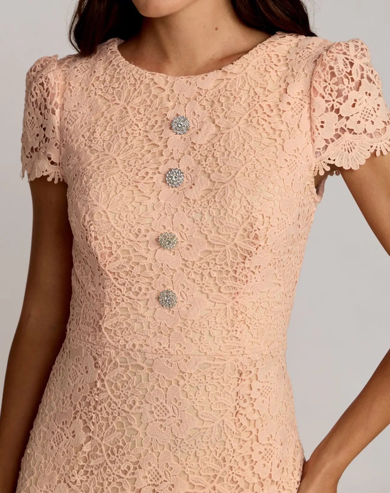Peach Embroidered Lace Cap Sleeve Midi Dress - Ieena for Mac Duggal