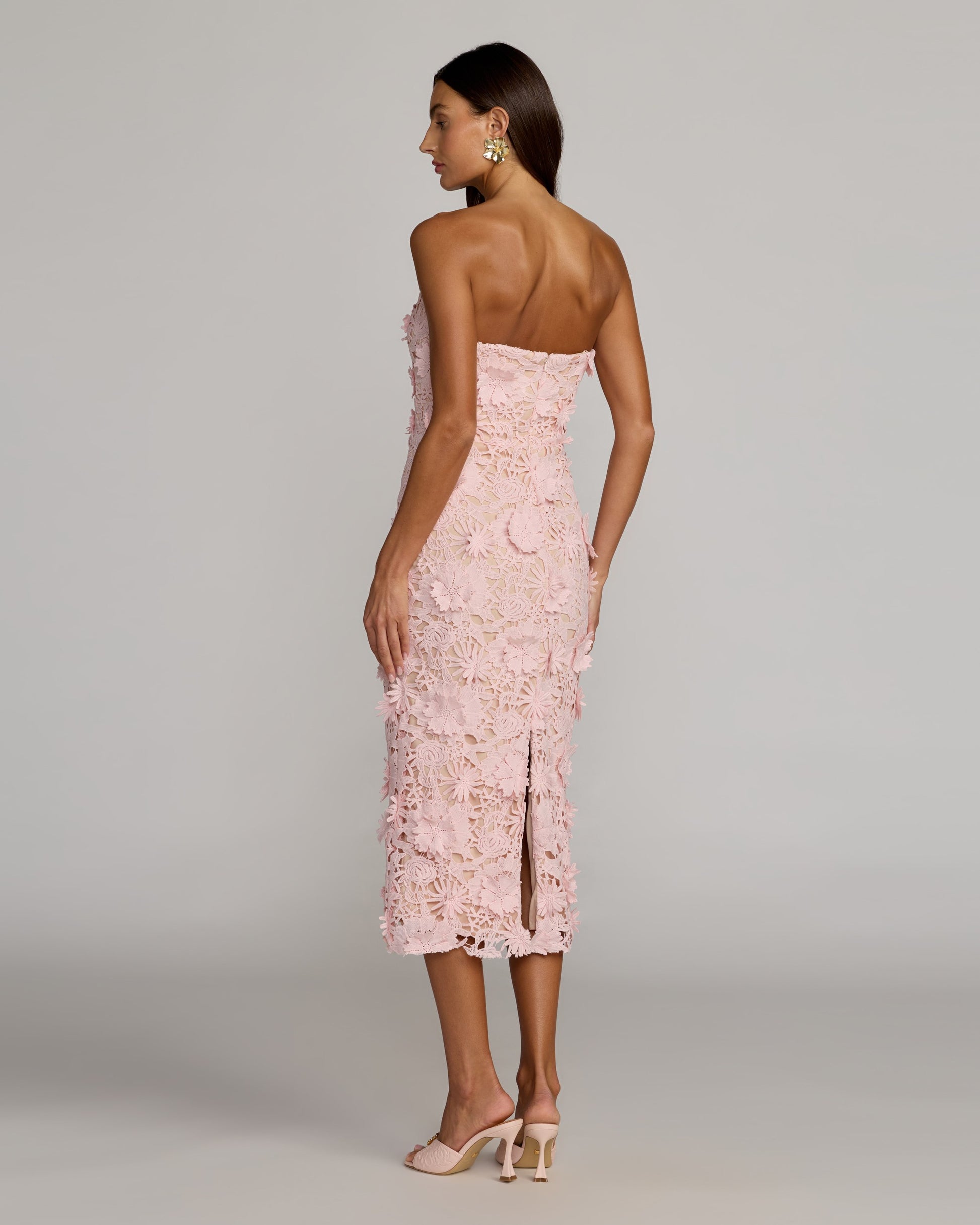 Pink Strapless 3D Floral Midi Dress Ieena for Mac Duggal