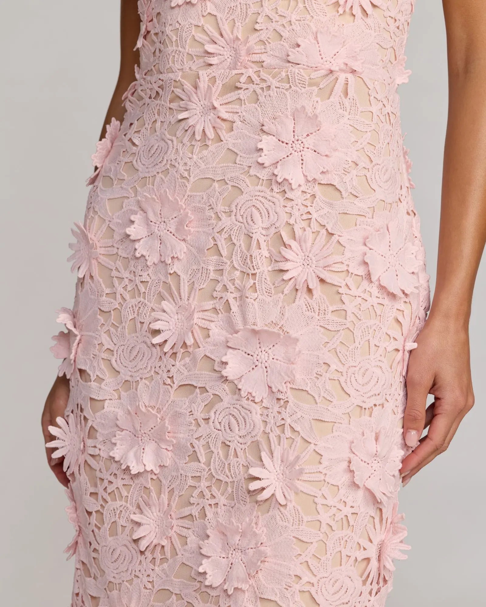 Pink Strapless 3D Floral Midi Dress Ieena for Mac Duggal