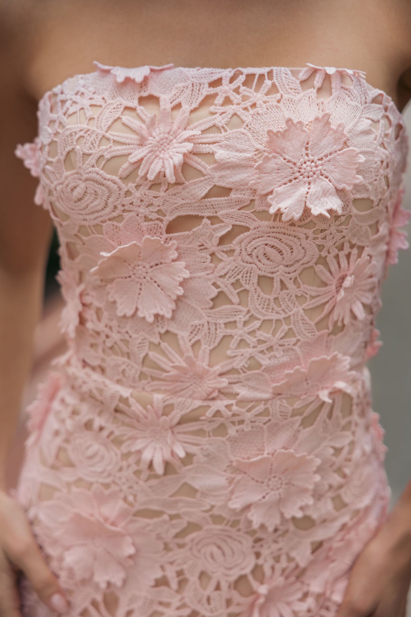 Pink Strapless 3D Floral Midi Dress Ieena for Mac Duggal