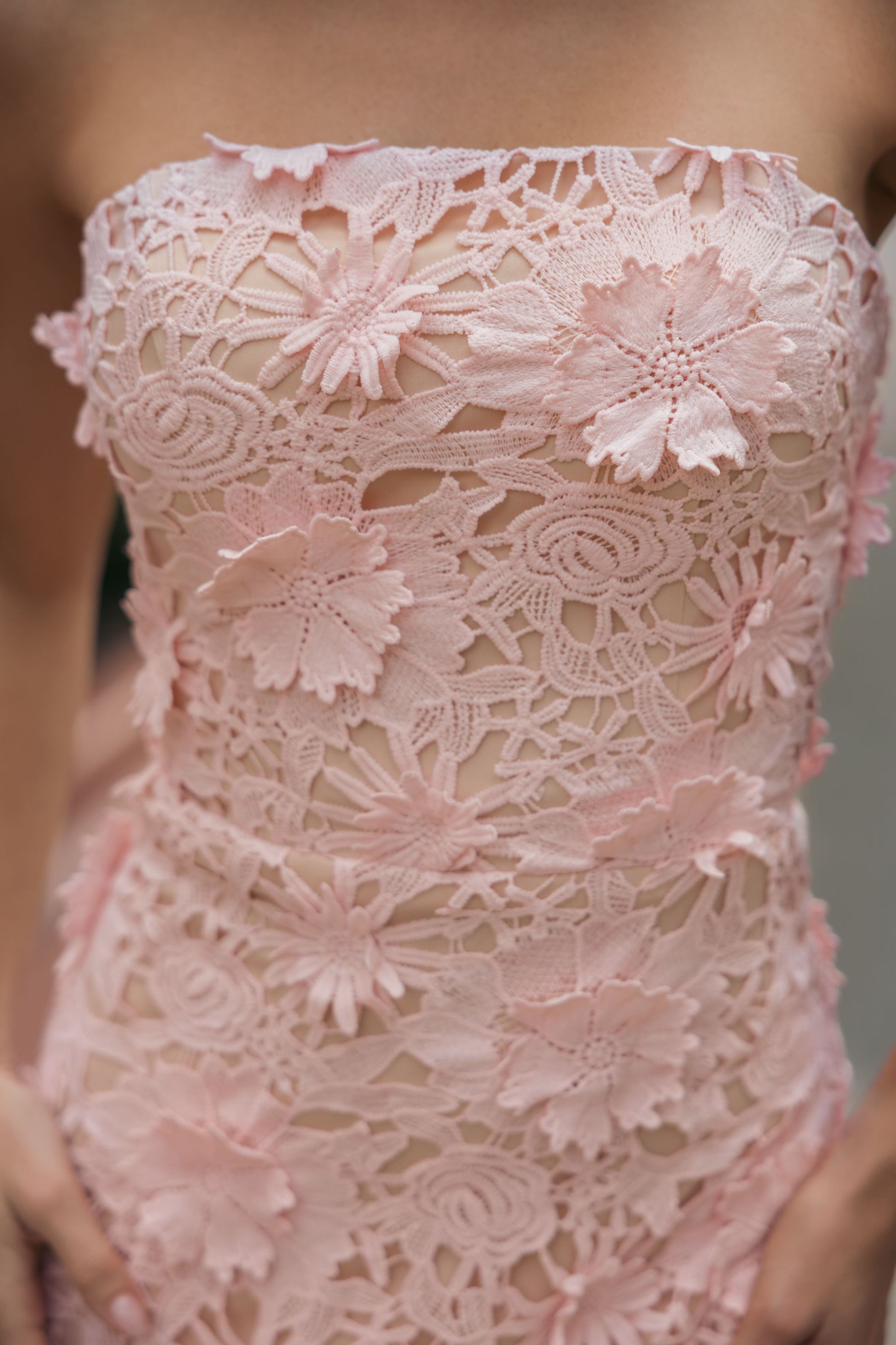 Pink Strapless 3D Floral Midi Dress Ieena for Mac Duggal