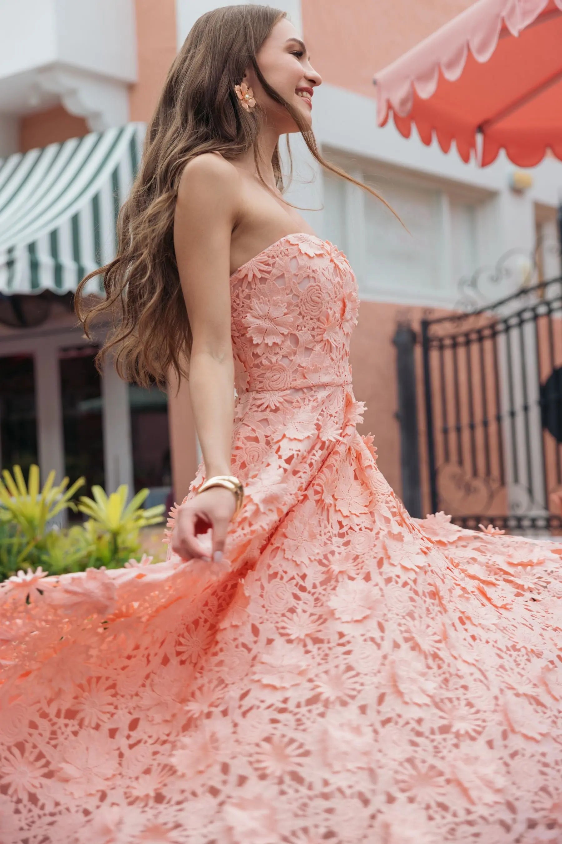 Pink Strapless Floral Lace A-Line Dress