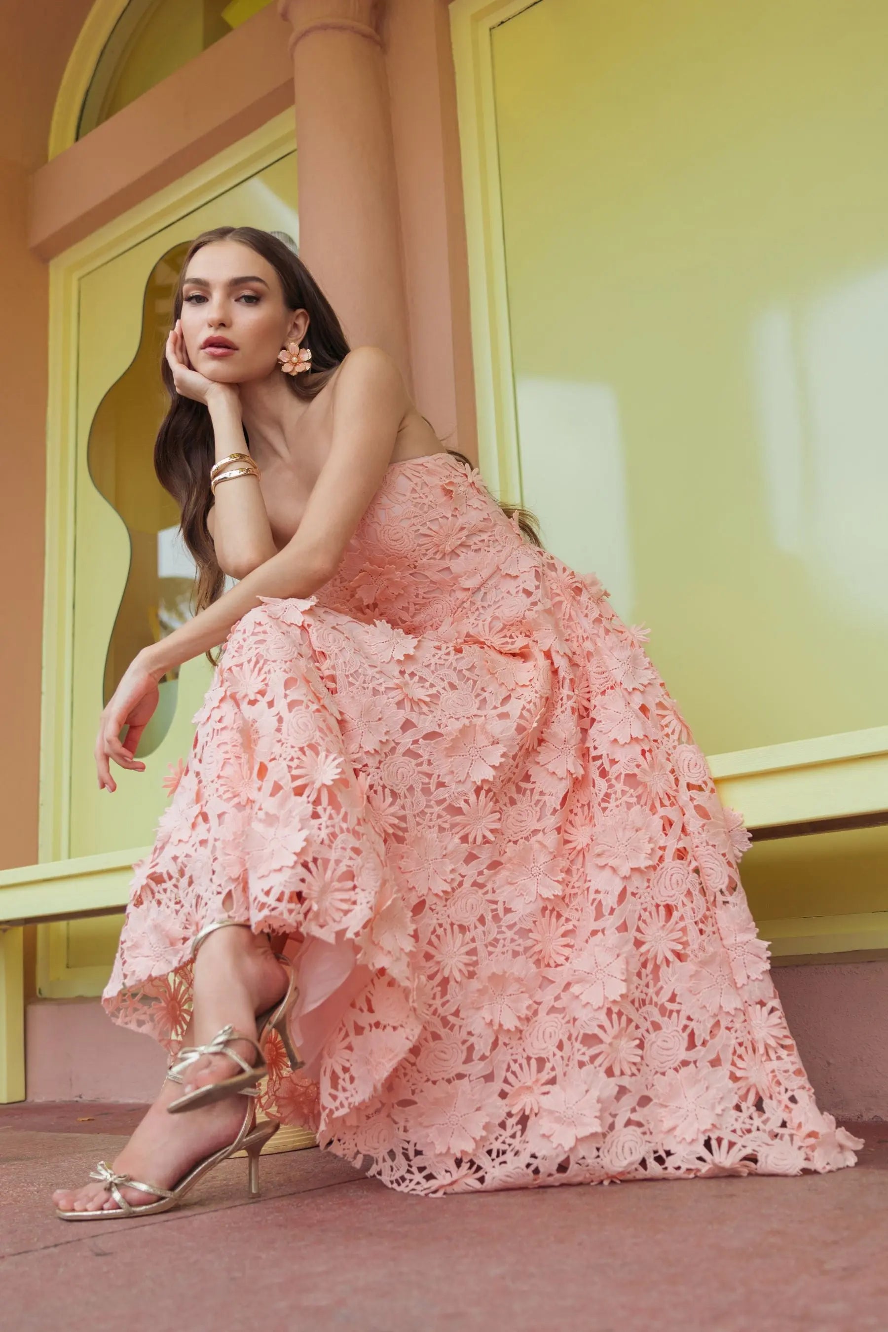 Pink Strapless Floral Lace A-Line Dress | Mac Duggal Pink Strapless Floral Lace A-Line Dress | Mac Duggal