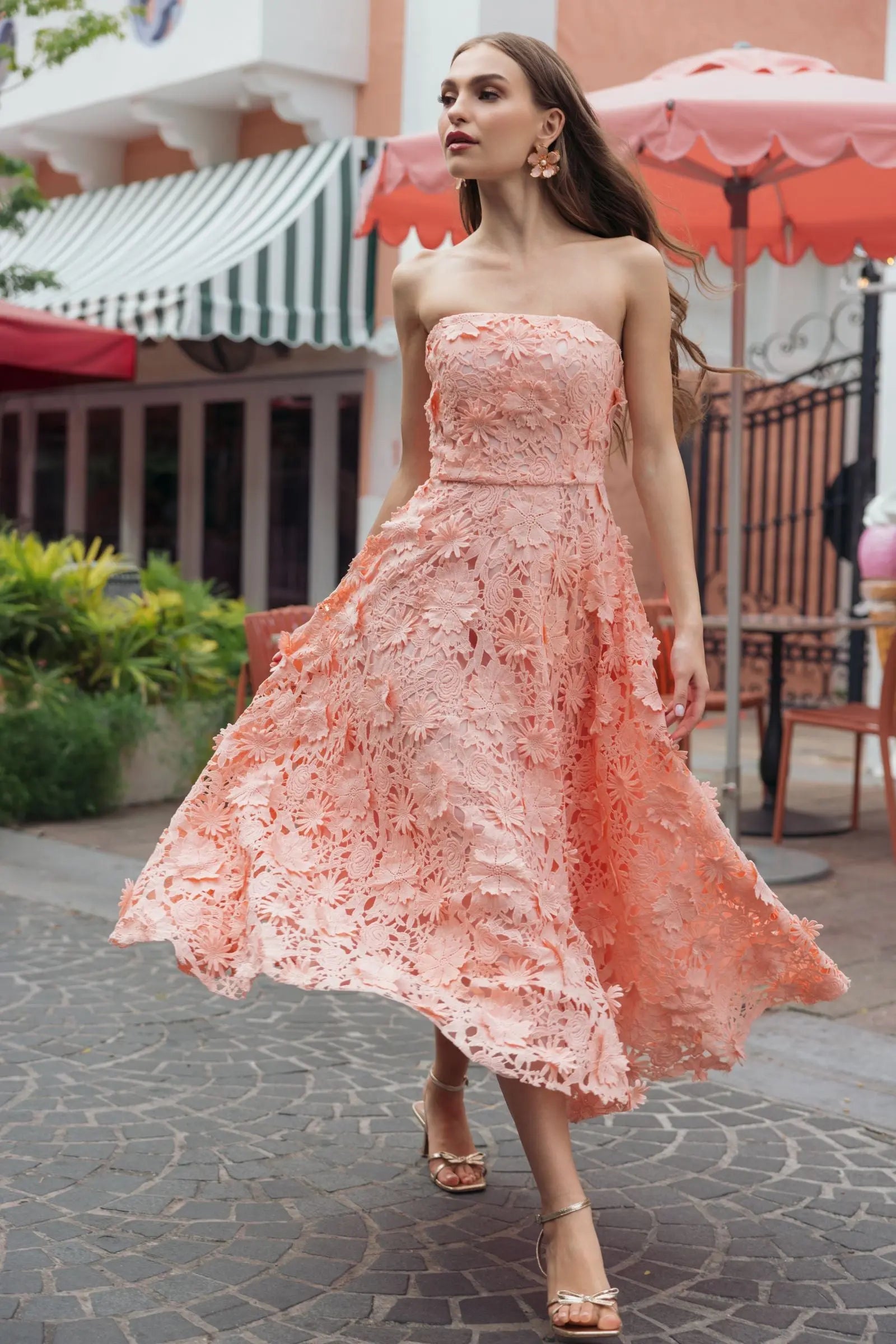Pink Strapless Floral Lace A-Line Dress