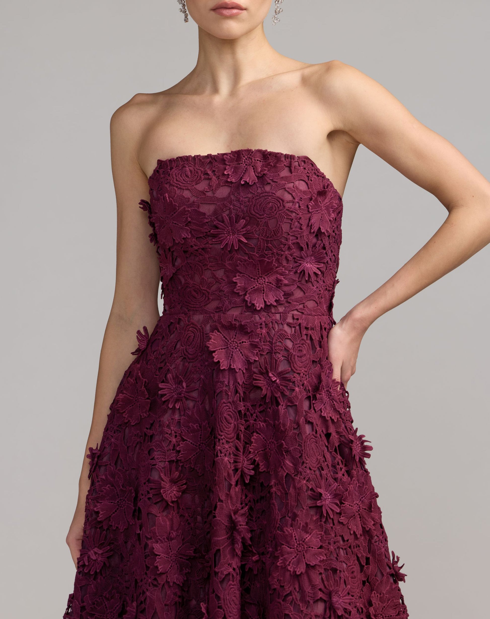 Red Strapless Floral Embroidered Lace A-Line Dress - Ieena for Mac Duggal