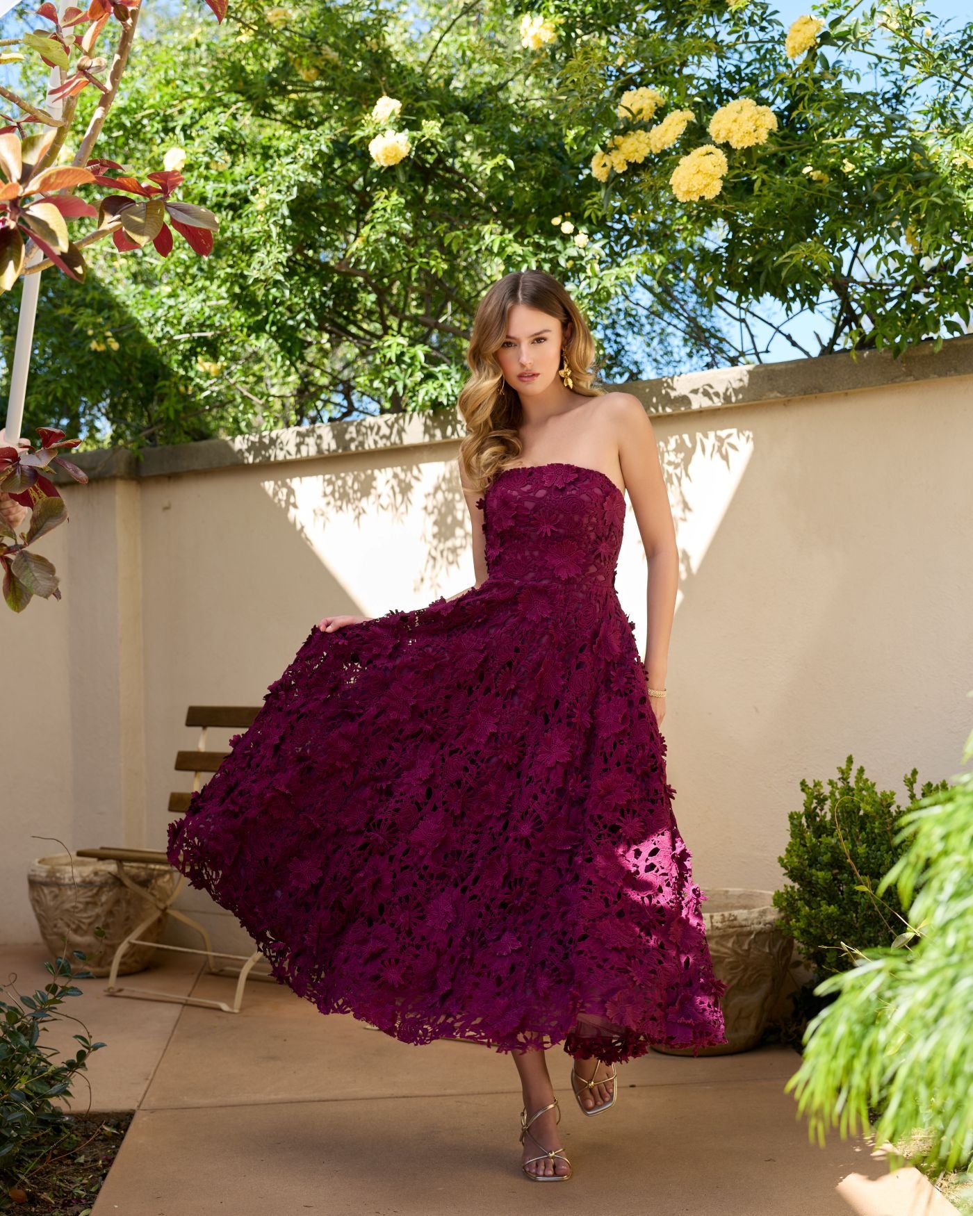 Deep Purple Strapless Floral Embroidered Lace A-Line Dress