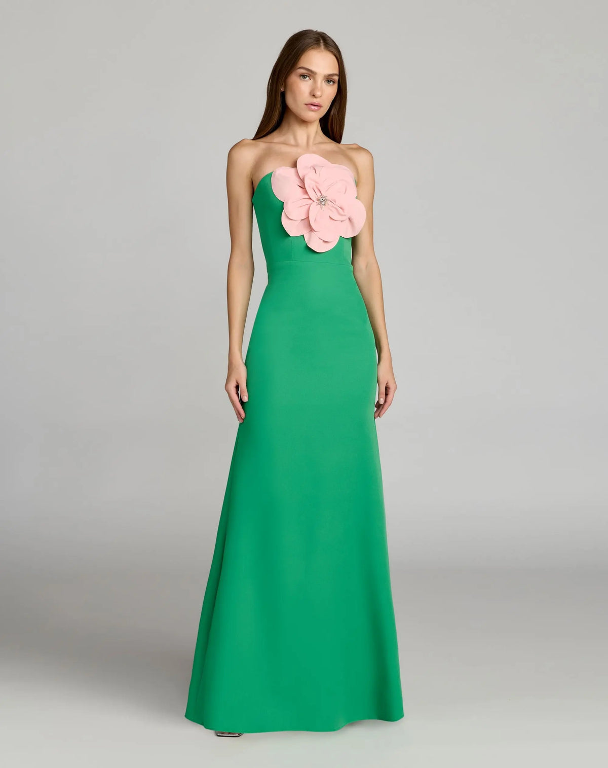 Green Strapless Crepe Gown With 3D Flower | Mac Duggal