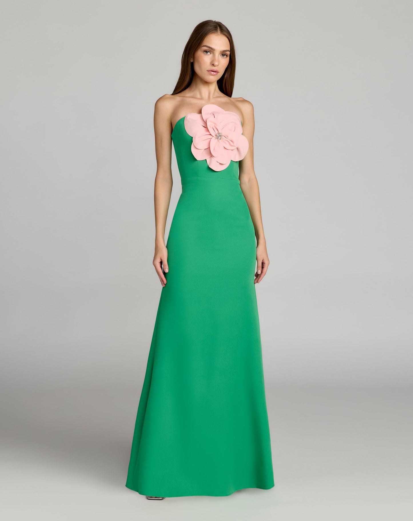 Green Strapless Crepe Column Gown With 3D Flower - Ieena for Mac Duggal