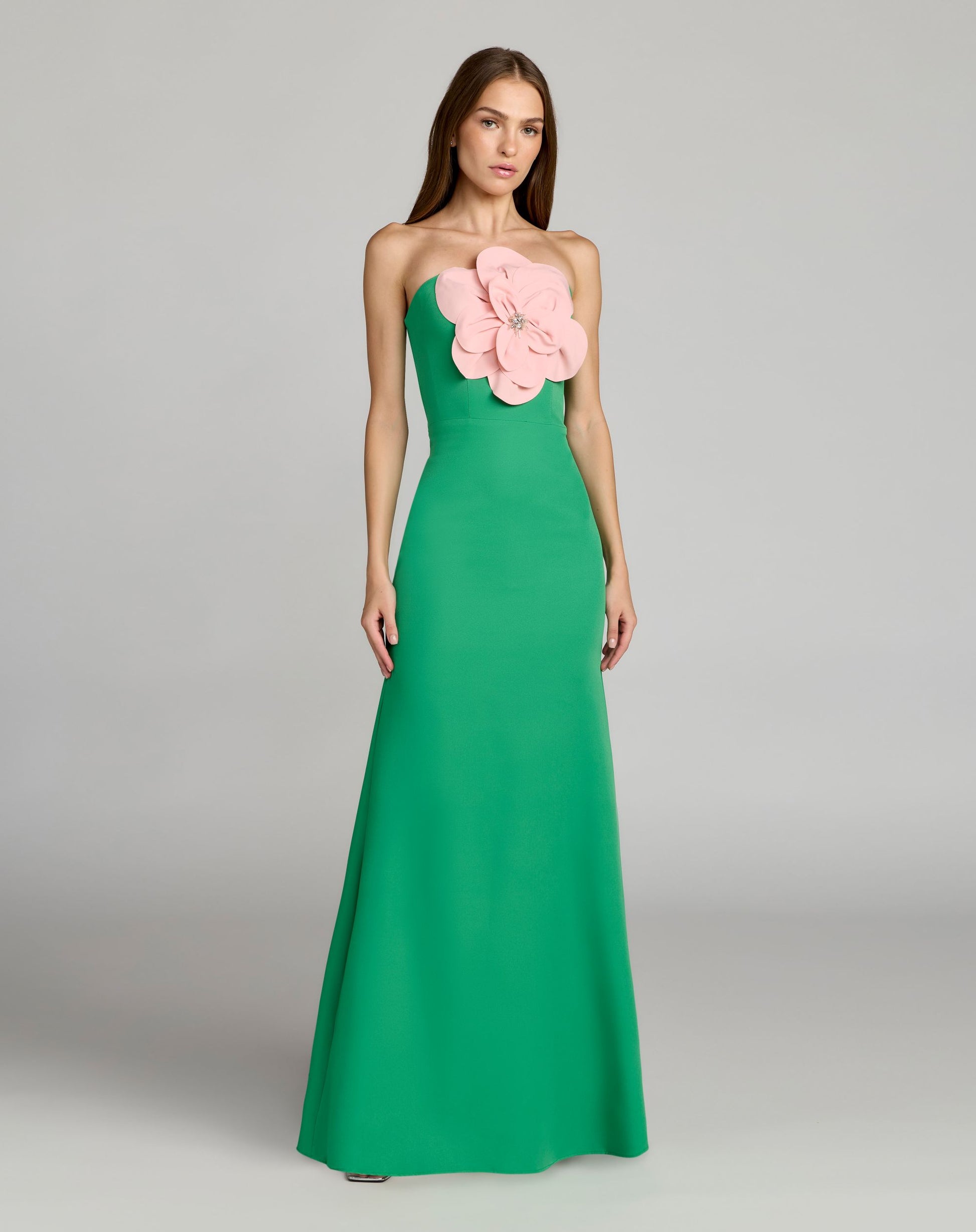 Green Strapless Crepe Column Gown With 3D Flower - Ieena for Mac Duggal