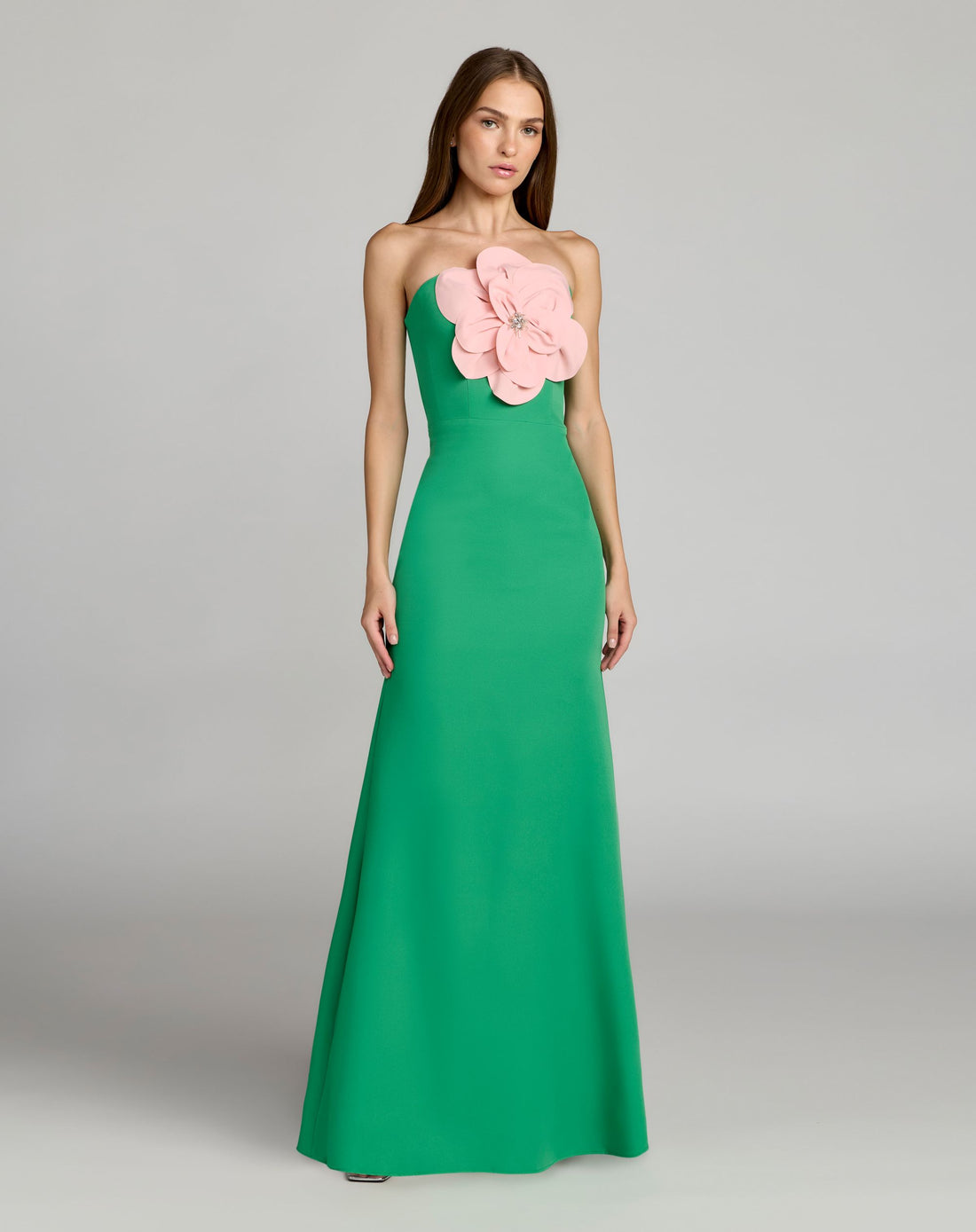 Green Strapless Crepe Column Gown With 3D Flower - Ieena for Mac Duggal
