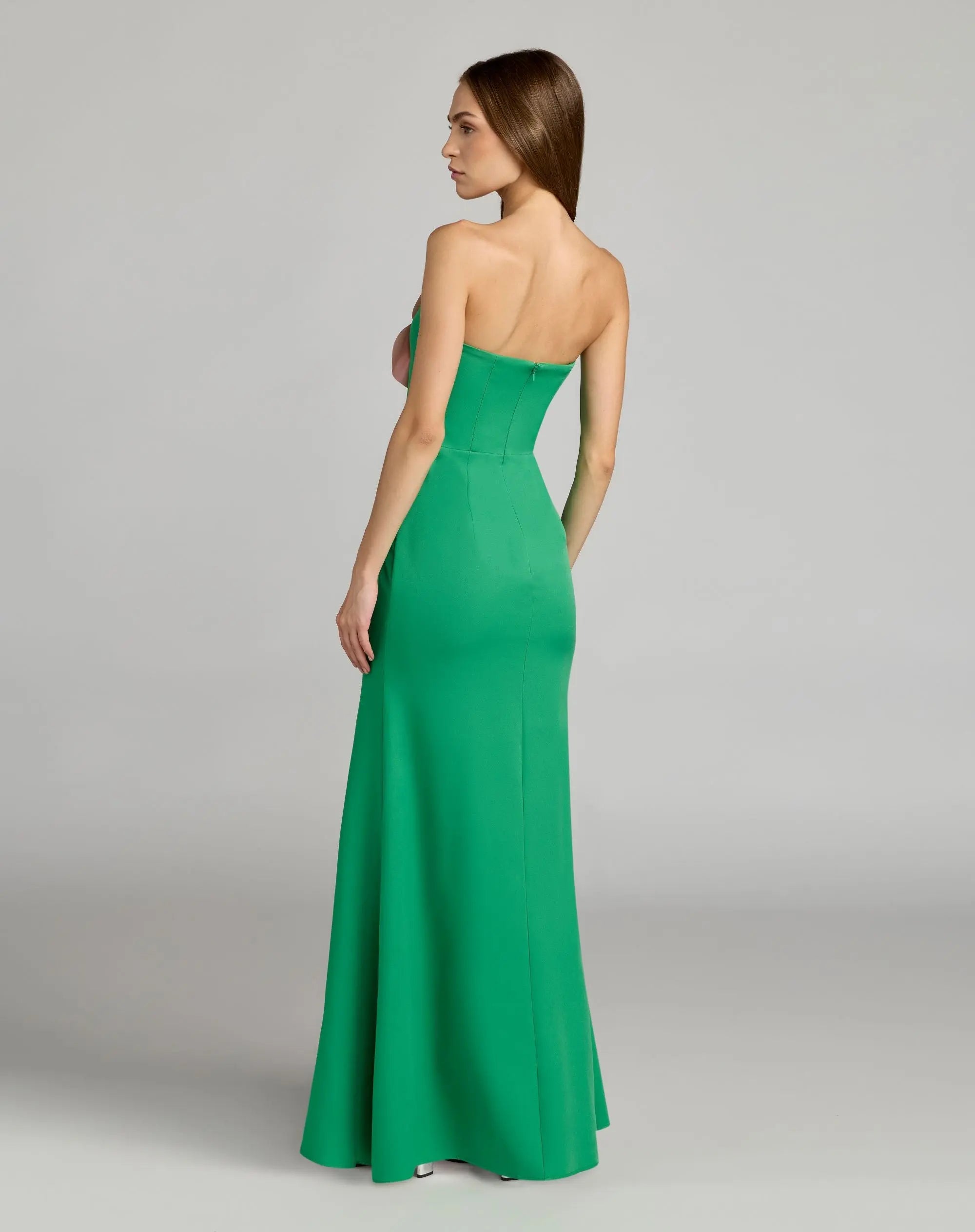 Green Strapless Crepe Gown With 3D Flower | Mac Duggal