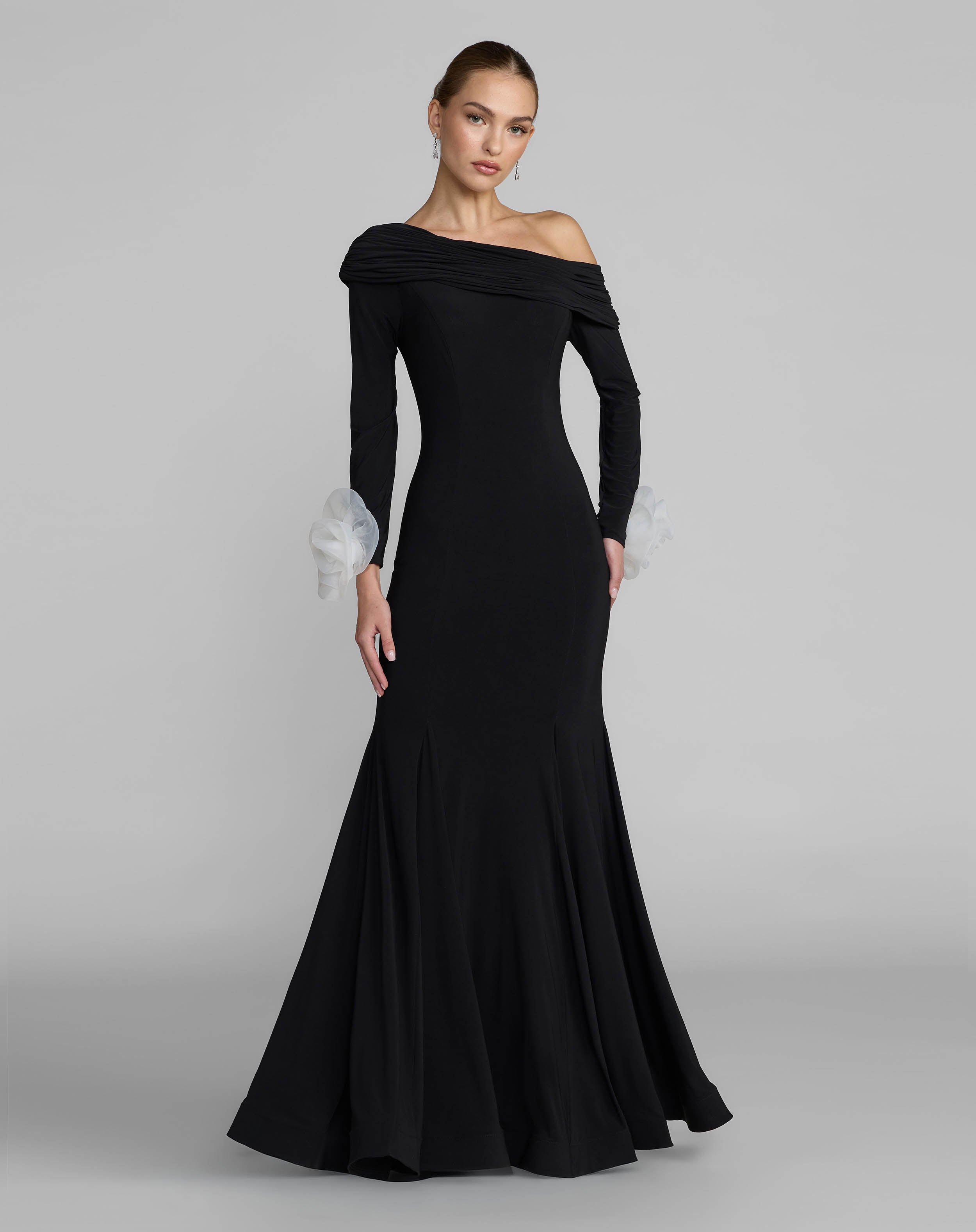 Black Jersey One Shoulder Long Sleeve Mermaid Gown Ieena for Mac Duggal