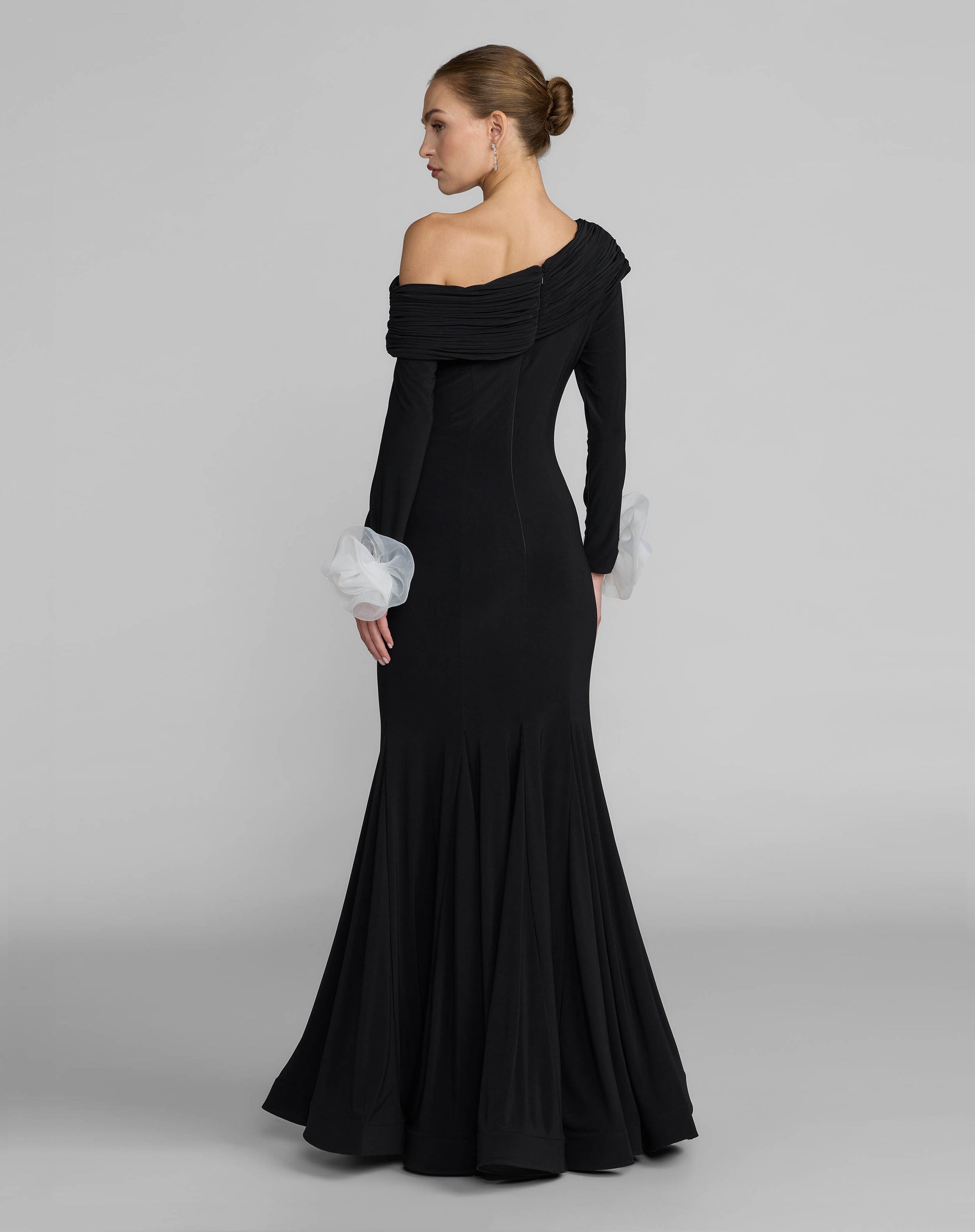 Black One Shoulder Long Sleeve Jersey Gown