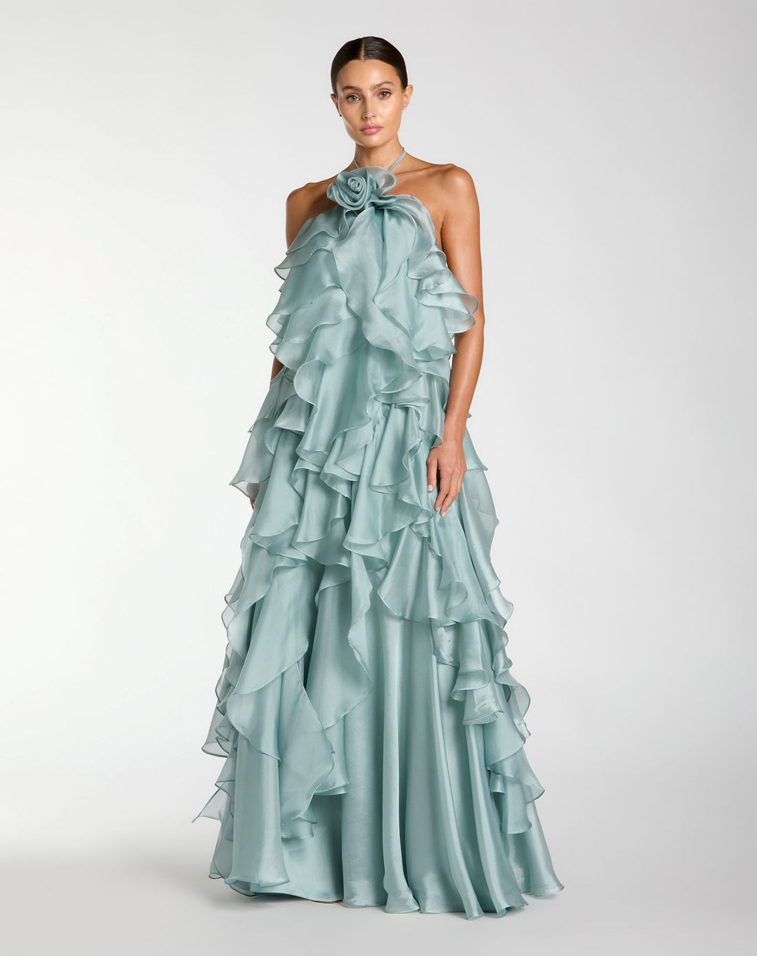 Blue Organza Halter Neck Open Back Ruffle Gown - Ieena for Mac Duggal