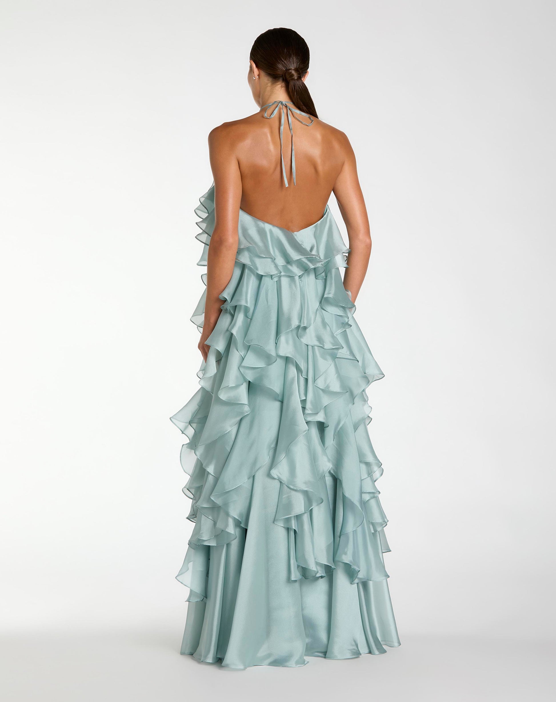 Blue Organza Halter Neck Open Back Ruffle Gown - Ieena for Mac Duggal