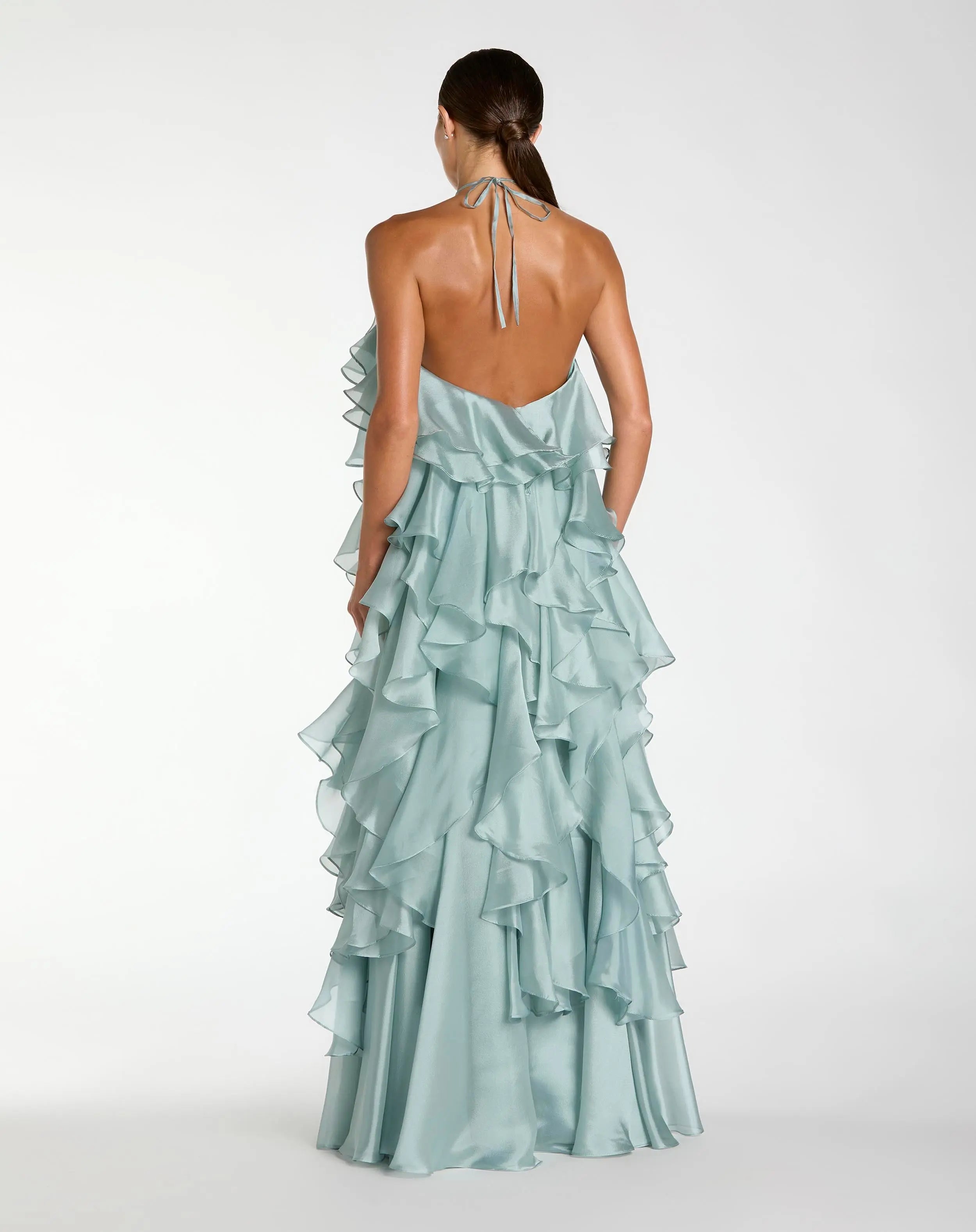 Blue Organza Halter Neck Open Back Ruffle Gown - Ieena for Mac Duggal