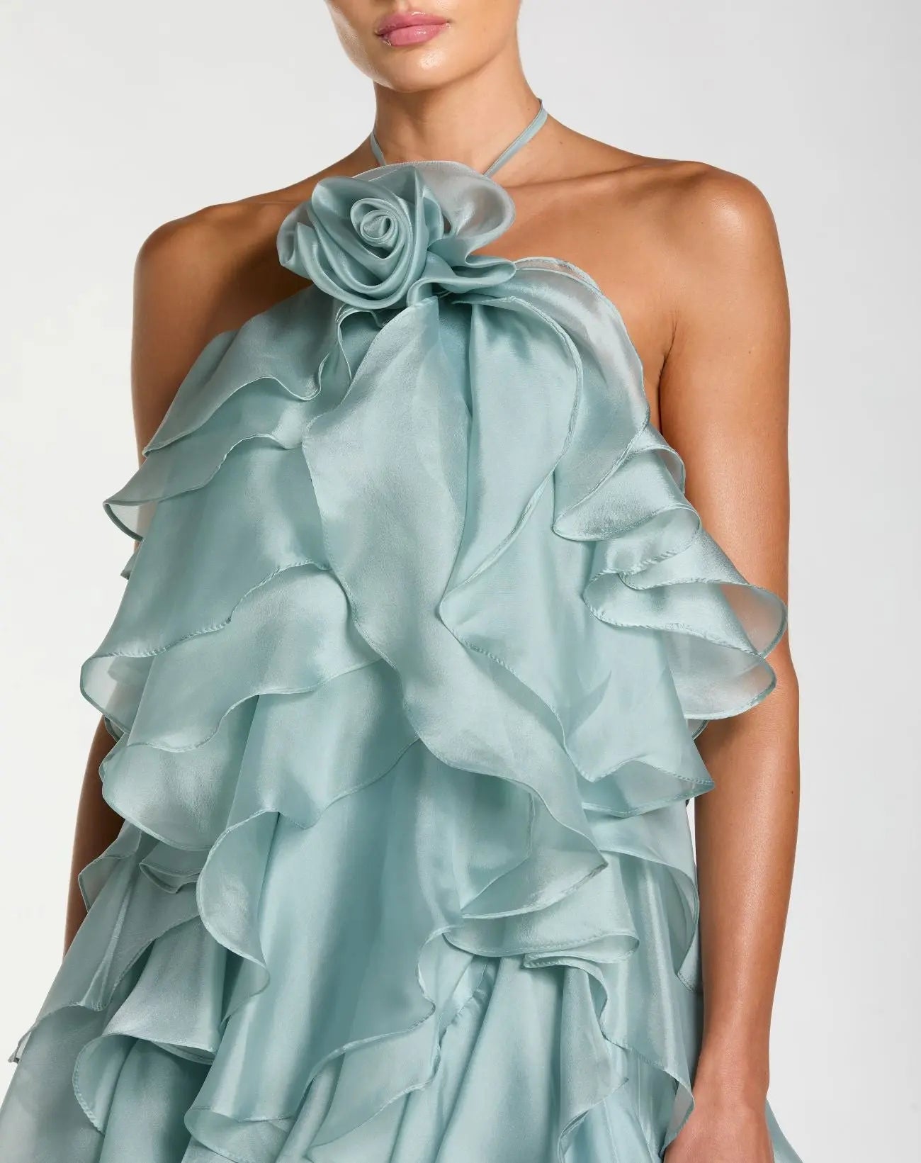 Blue Organza Halter Neck Open Back Ruffle Gown