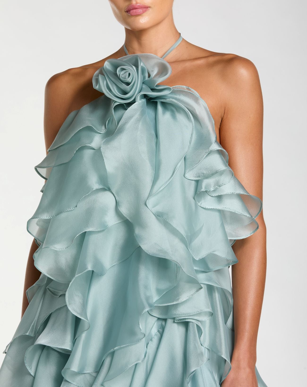 Blue Organza Halter Neck Open Back Ruffle Gown - Ieena for Mac Duggal