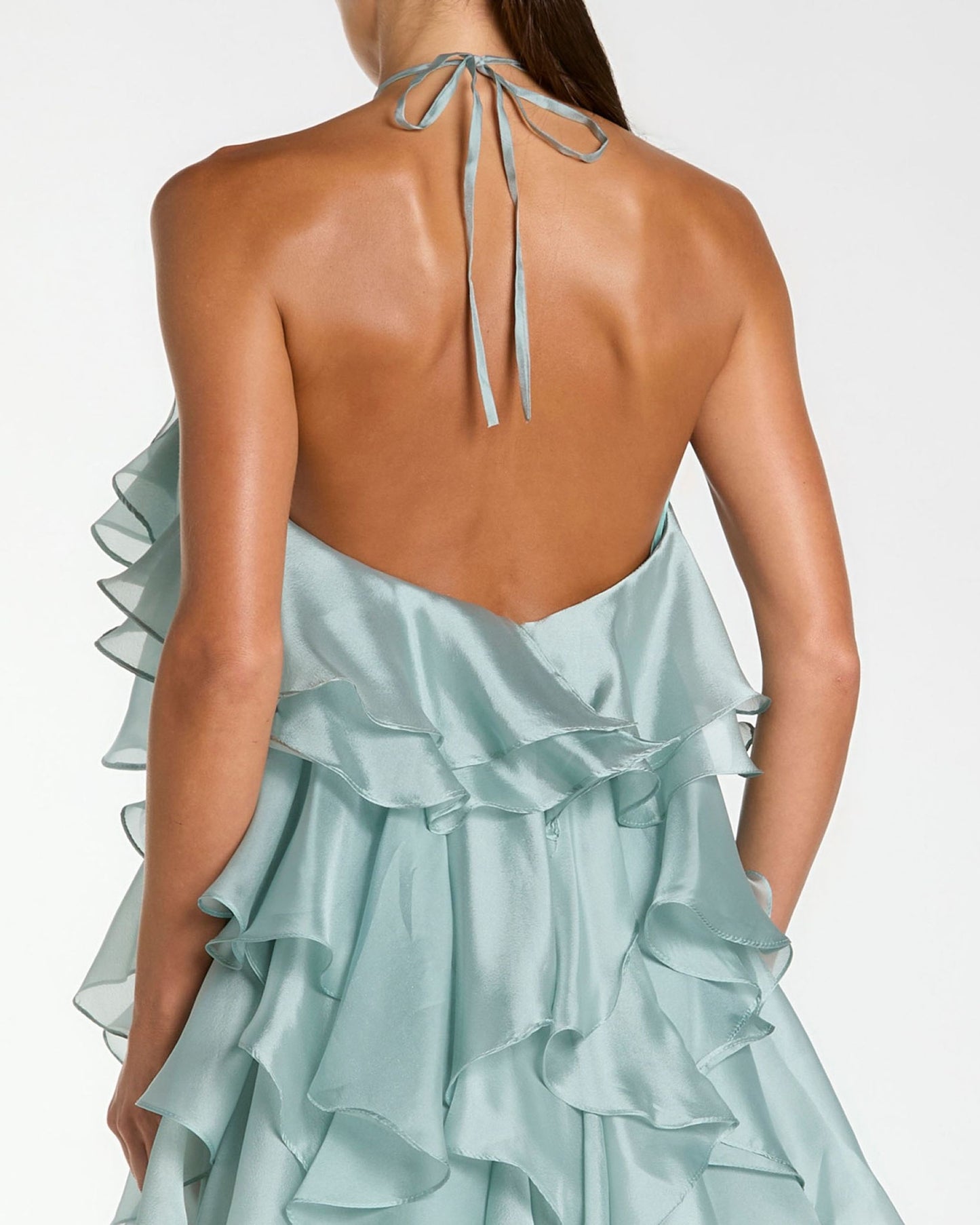 Blue Organza Halter Neck Open Back Ruffle Gown - Ieena for Mac Duggal