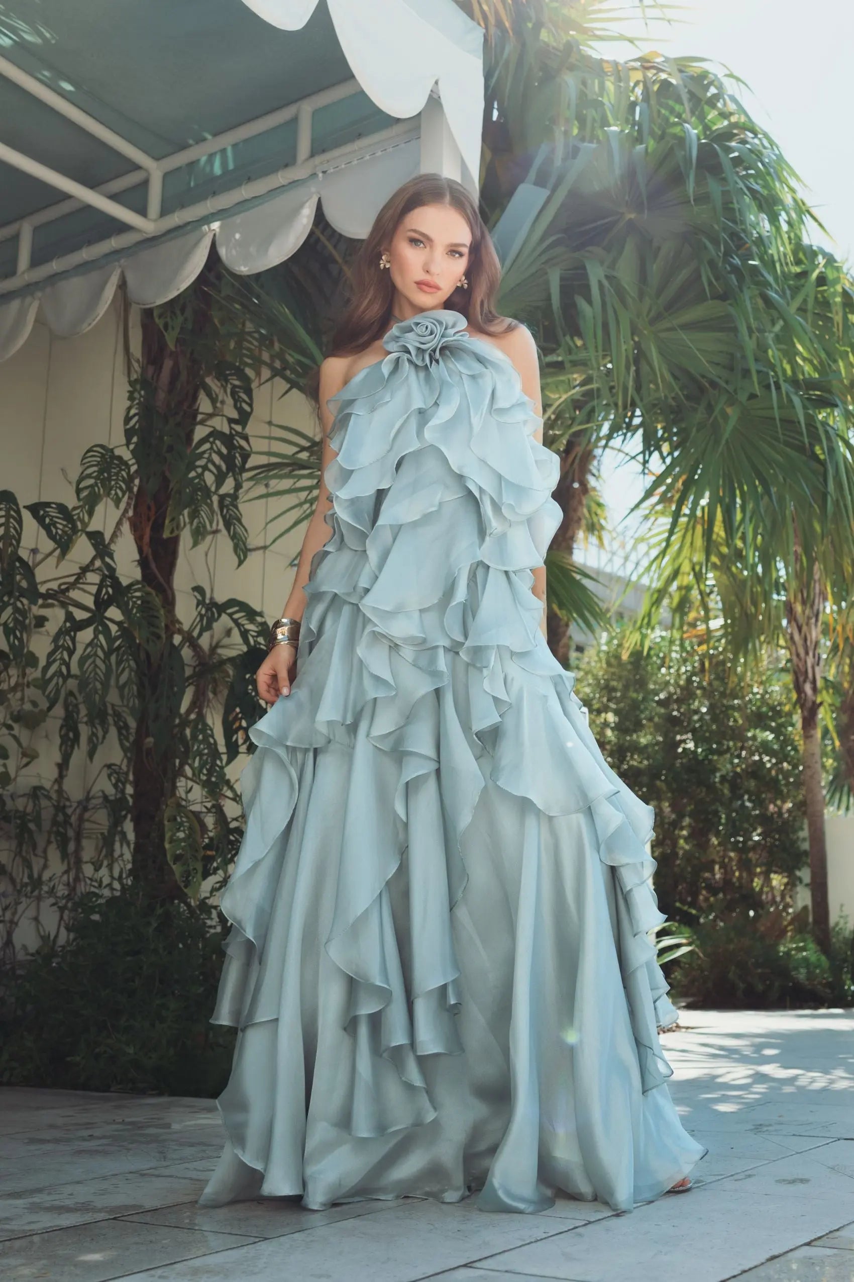 Blue Organza Halter Neck Open Back Ruffle Gown