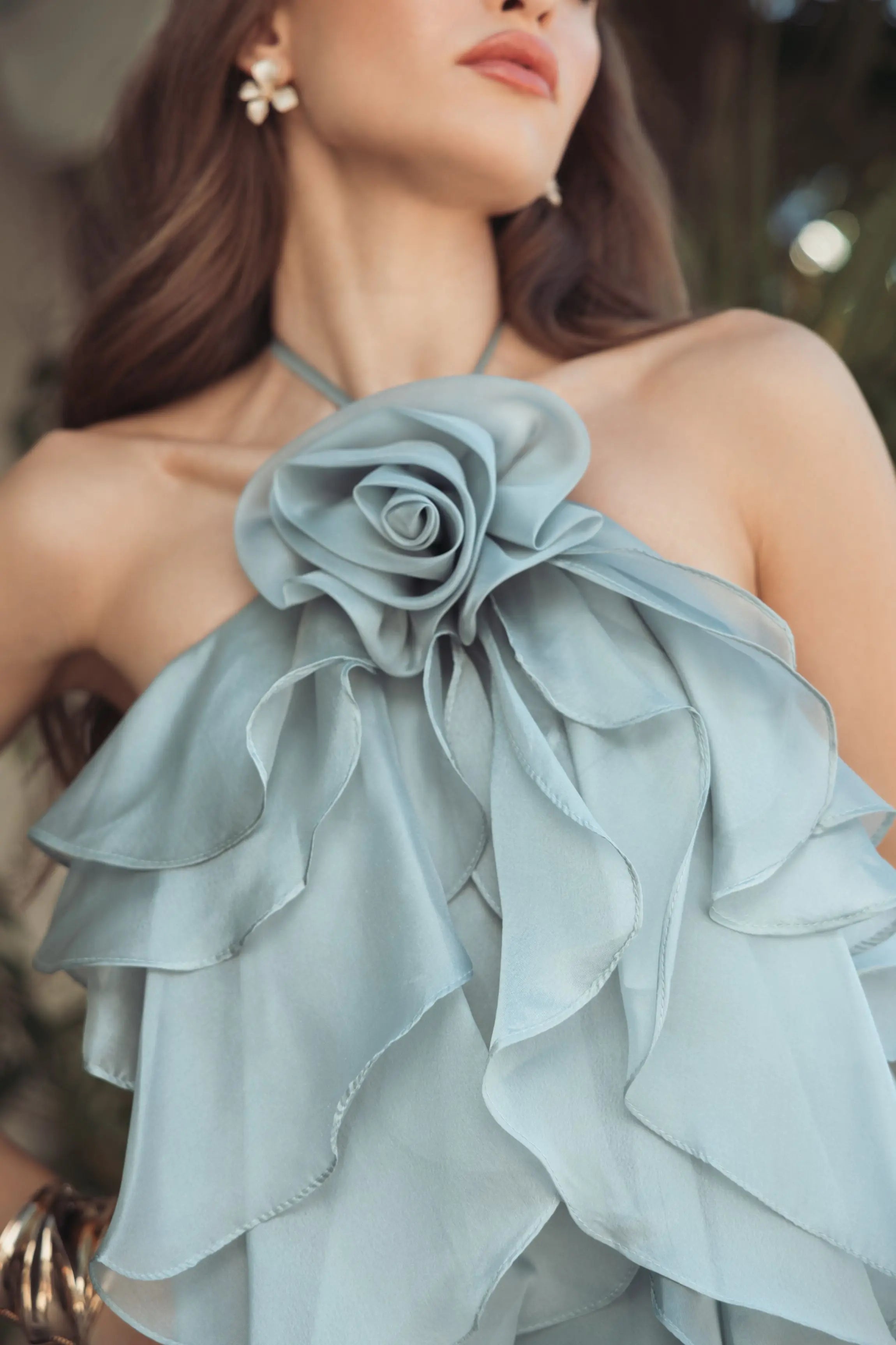 Blue Organza Halter Neck Open Back Ruffle Gown - Ieena for Mac Duggal