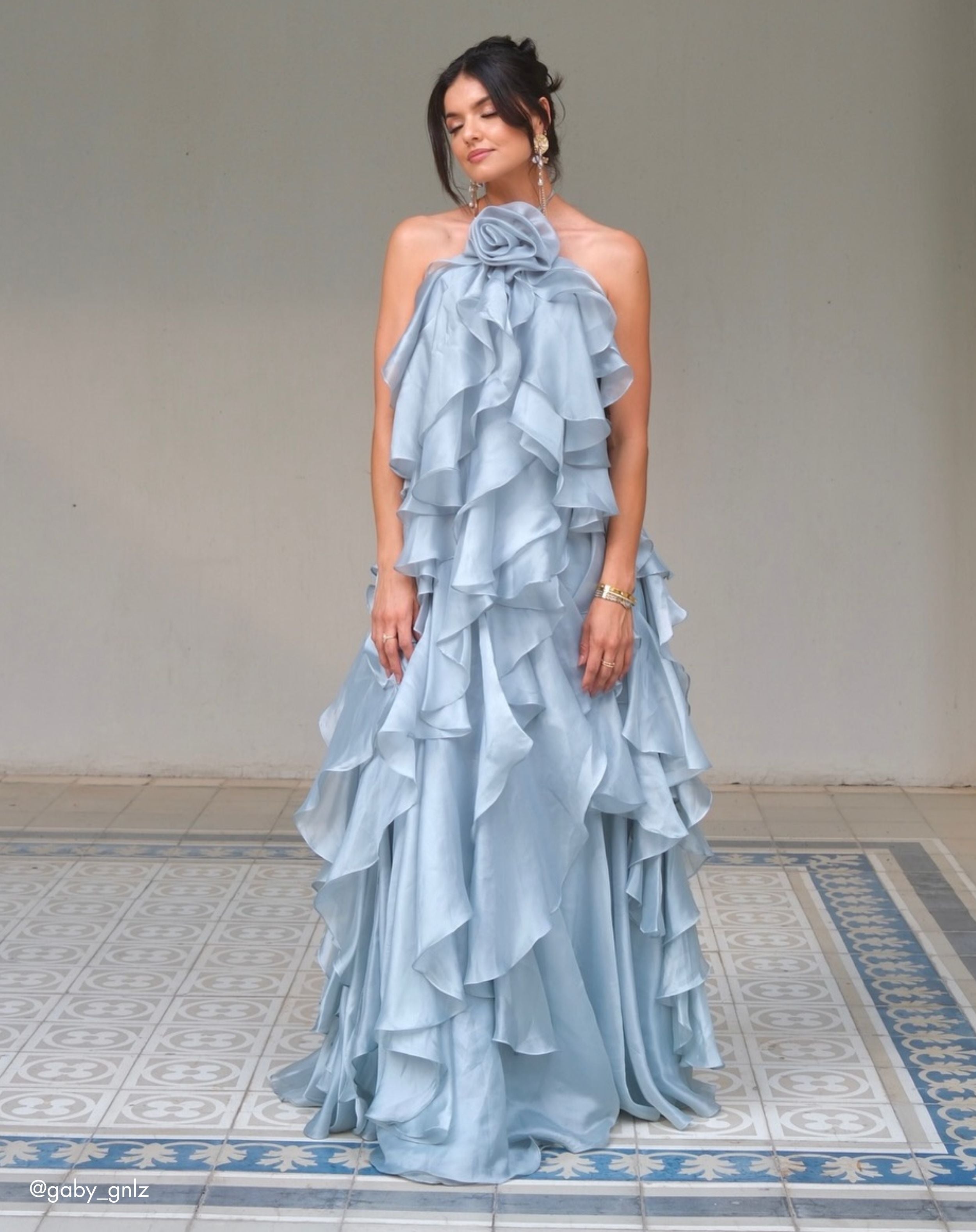 Blue Organza Halter Neck Open Back Ruffle Gown - Ieena for Mac Duggal