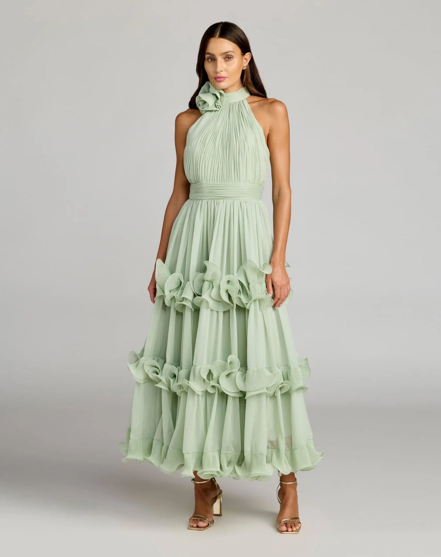Green Chiffon Sleeveless Halter Neck Ruffle Midi Dress - Ieena for Mac Duggal