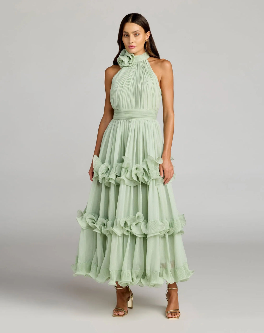Green Chiffon Sleeveless Halter Neck Ruffle Midi Dress - Ieena for Mac Duggal