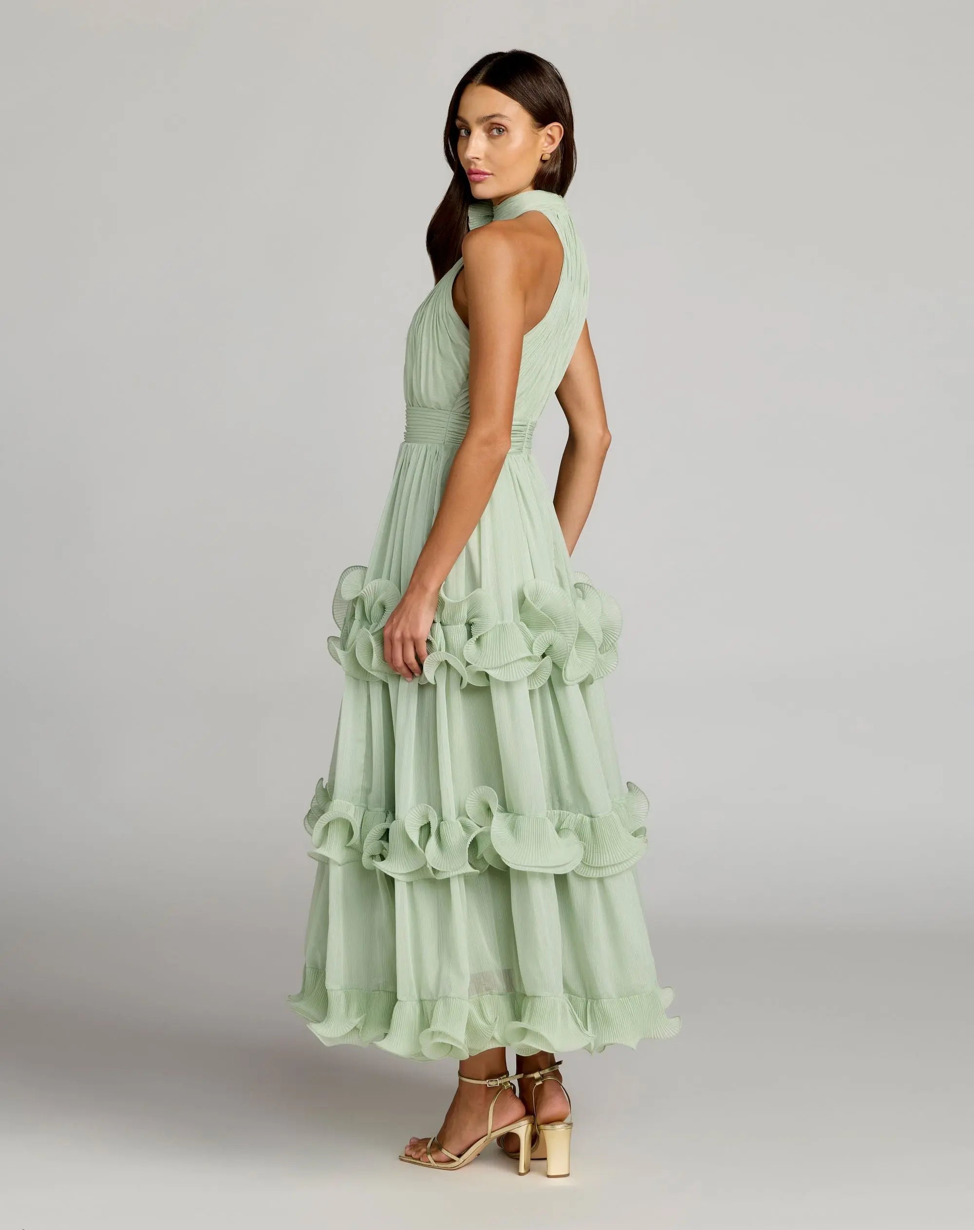 Green Sleeveless Chiffon Halter Neck Ruffle Midi Dress - Ieena for Mac Duggal