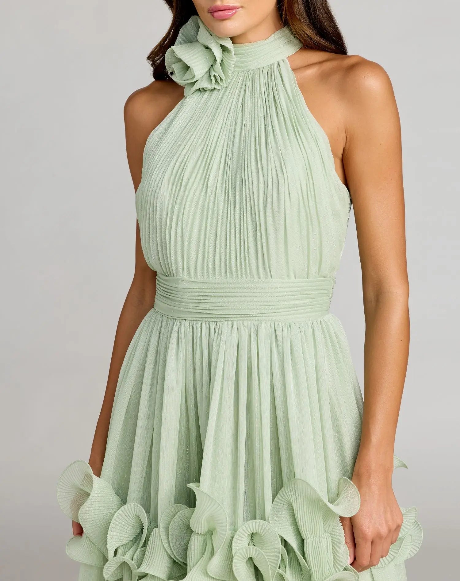 Green Chiffon Sleeveless Halter Neck Ruffle Midi Dress | Mac Duggal Green Chiffon Sleeveless Halter Neck Ruffle Midi Dress | Mac Duggal
