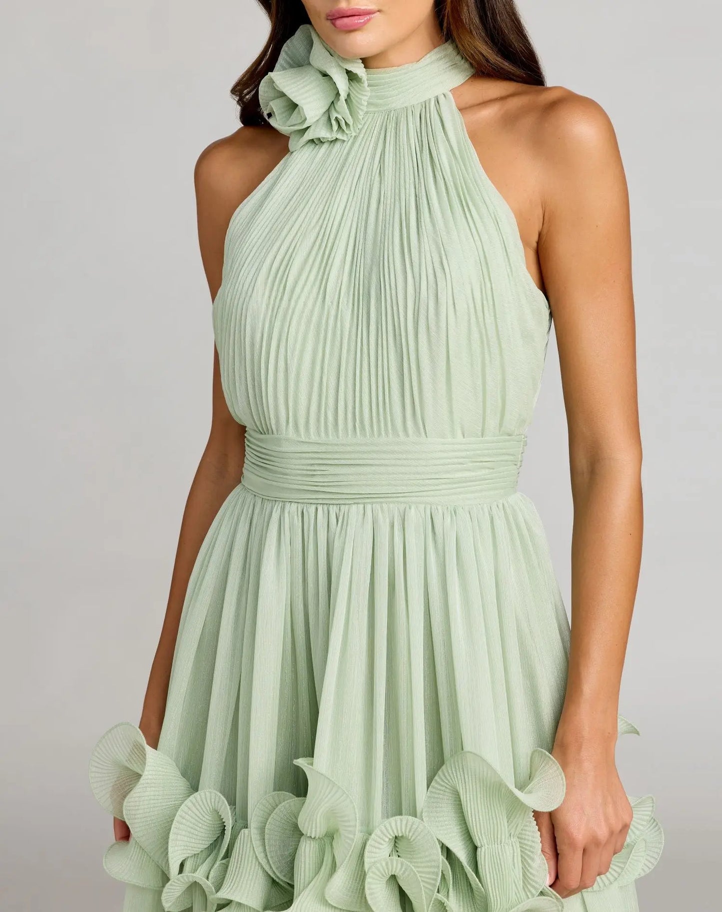 Green Chiffon Sleeveless Halter Neck Ruffle Midi Dress - Ieena for Mac Duggal