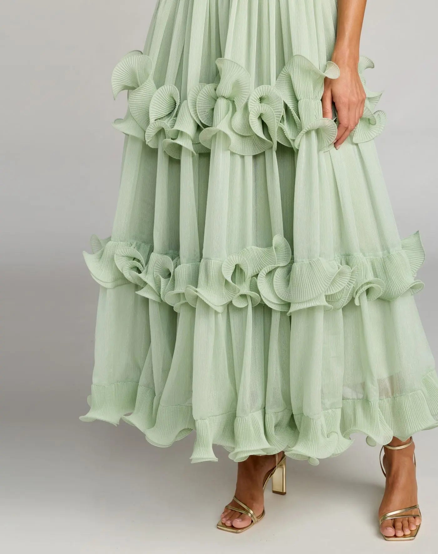 Green Sleeveless Chiffon Halter Neck Ruffle Midi Dress - Ieena for Mac Duggal