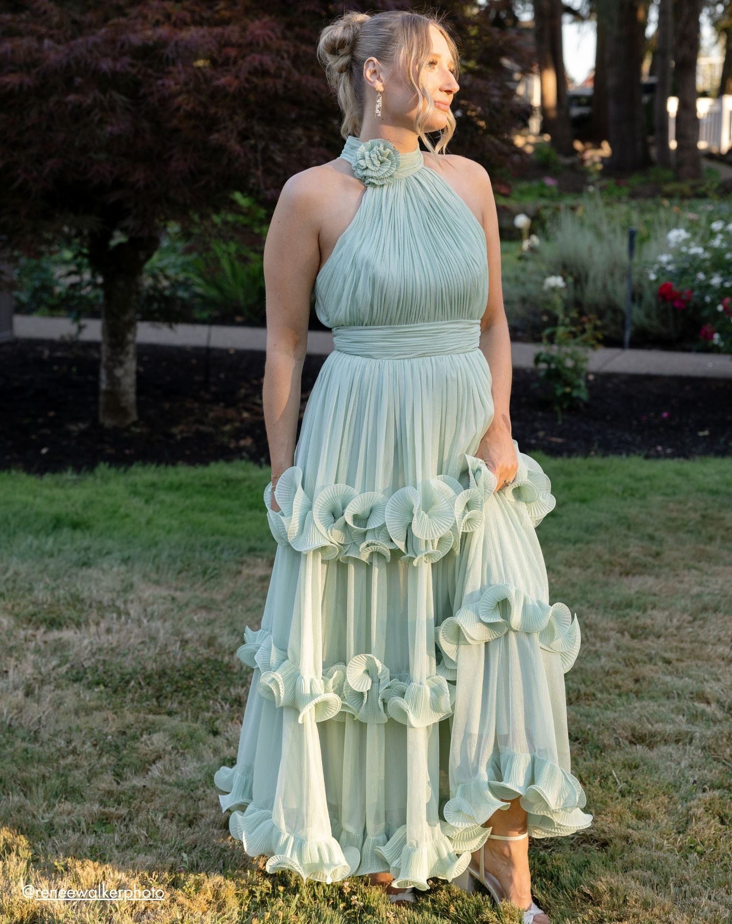 Green Sleeveless Chiffon Halter Neck Ruffle Midi Dress - Ieena for Mac Duggal