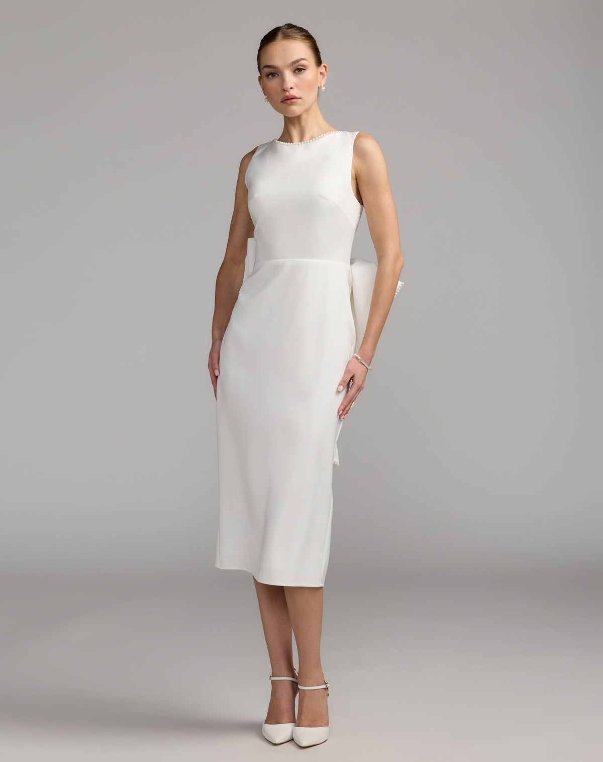 Ivory Pearl Trim Bow Back Midi Dress -Ieena for Mac Duggal