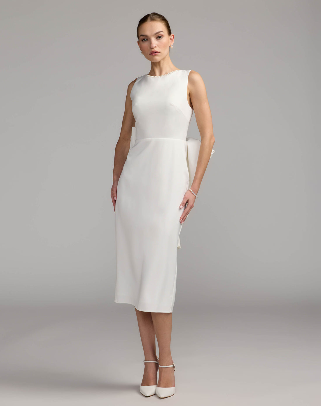 Ivory Pearl Trim Bow Back Midi Dress -Ieena for Mac Duggal