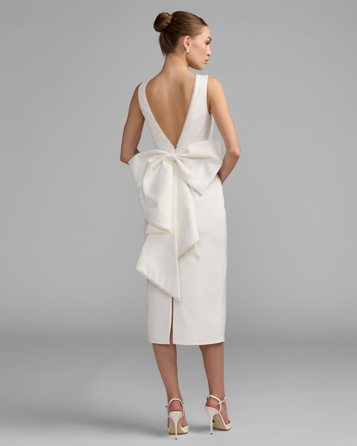 Ivory Pearl Trim Bow Back Midi Dress -Ieena for Mac Duggal