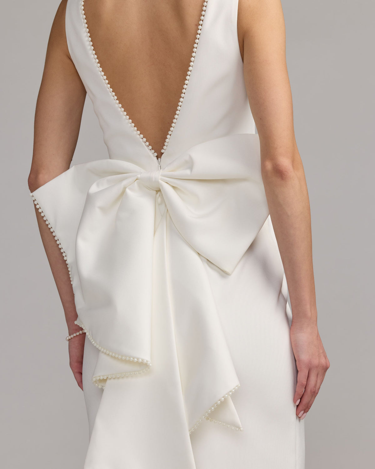 Ivory Pearl Trim Bow Back Midi Dress -Ieena for Mac Duggal