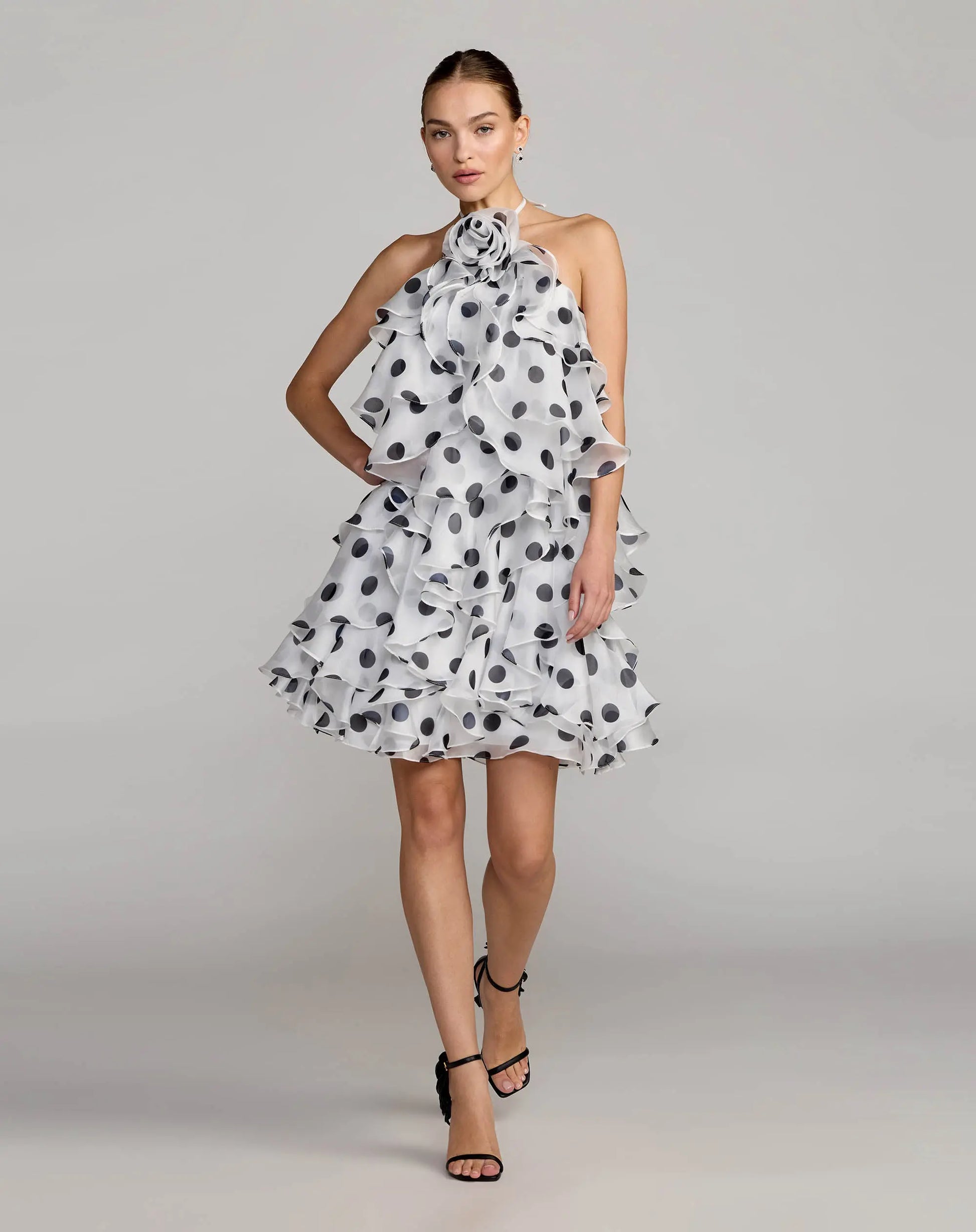 White Polka Dot Halter Neck Ruffle Mini Dress Ieena for Mac Duggal