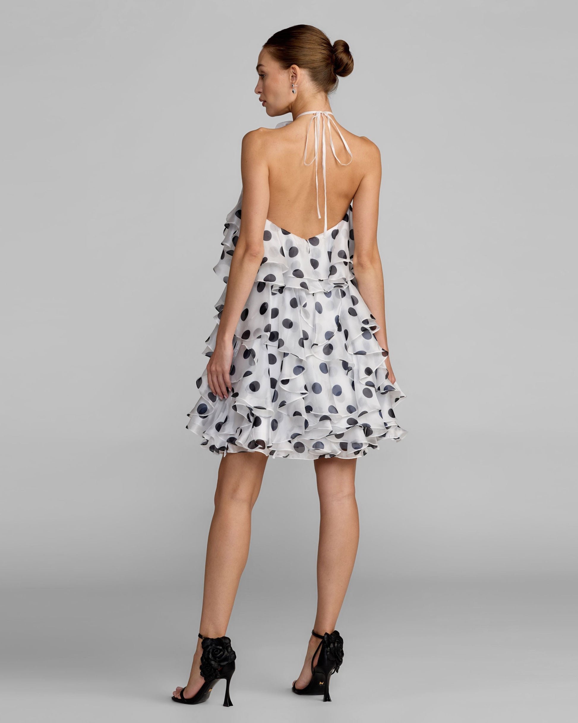 White Polka Dot Halter Neck Ruffle Mini Dress | Mac Duggal White Polka Dot Halter Neck Ruffle Mini Dress | Mac Duggal