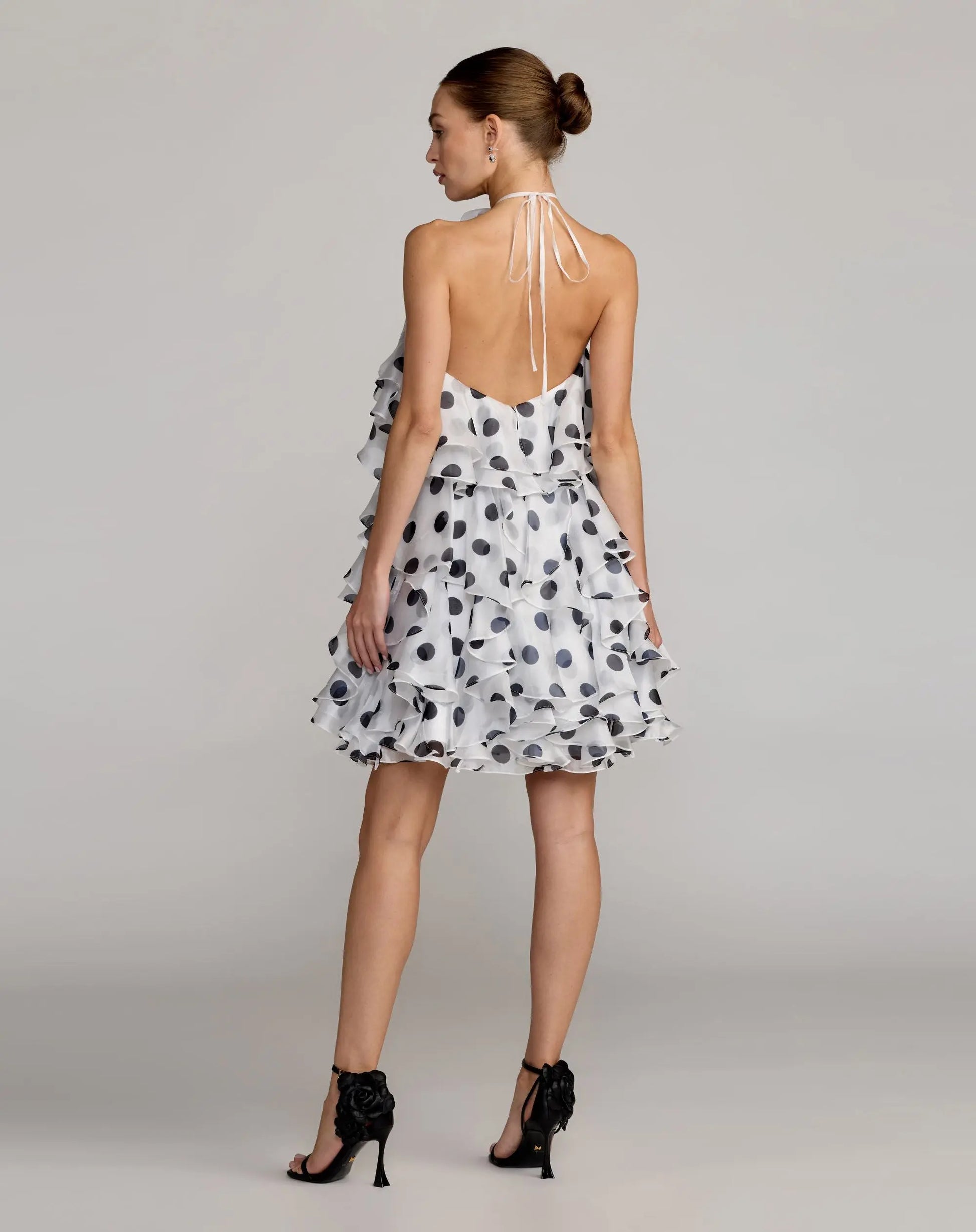 White Polka Dot Halter Neck Ruffle Mini Dress Ieena for Mac Duggal