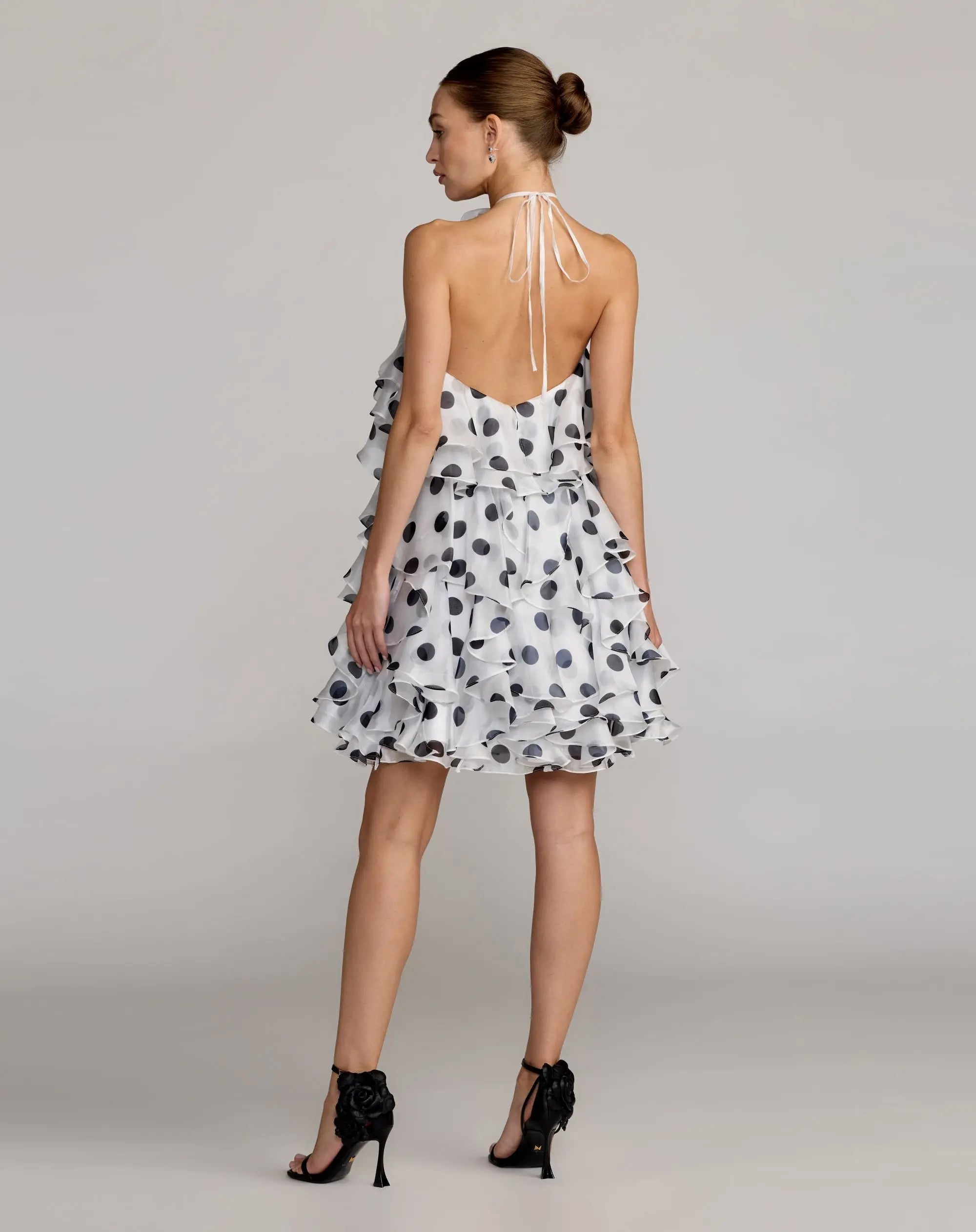 White Polka Dot Halter Neck Ruffle Mini Dress Ieena for Mac Duggal