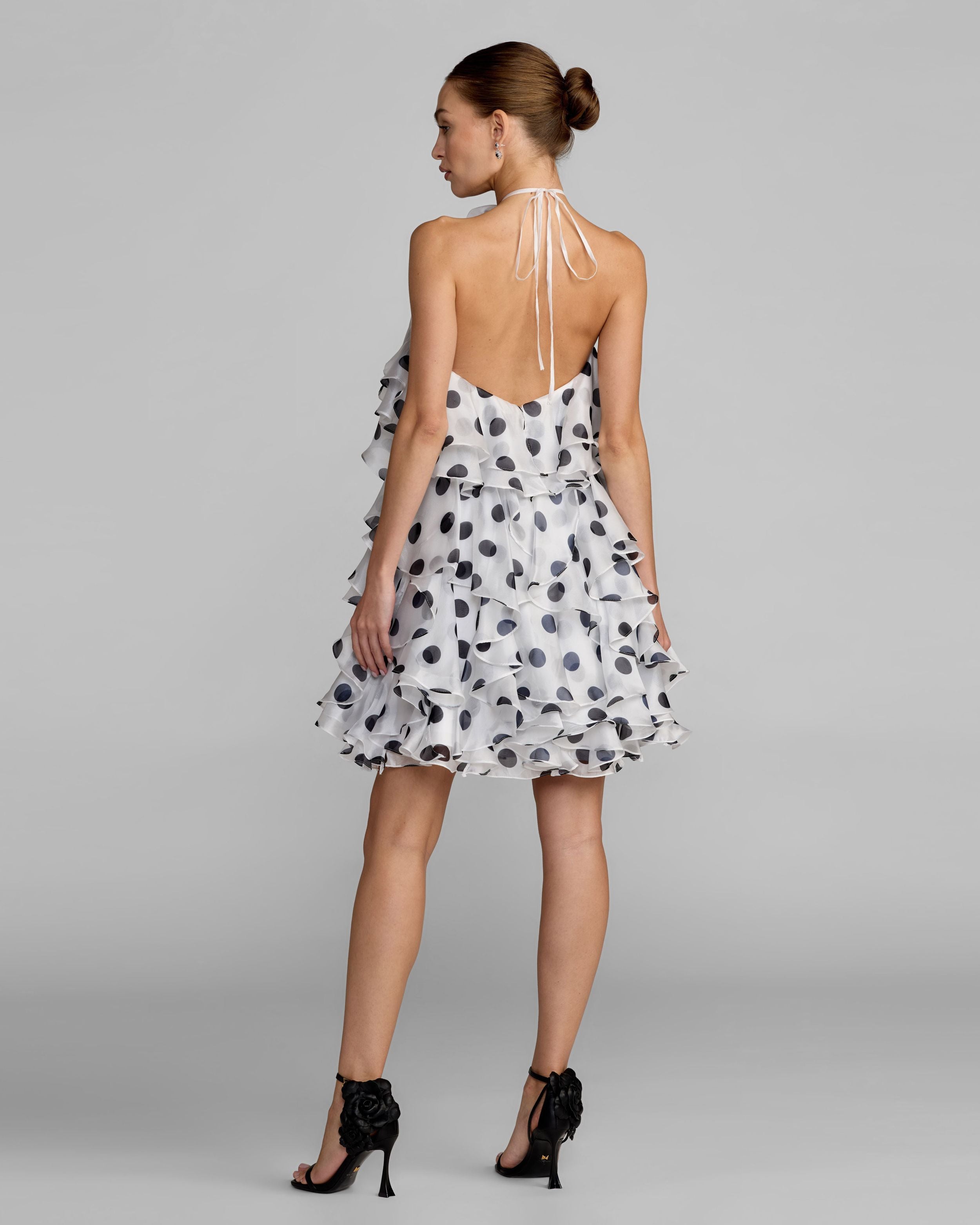 White Polka Dot Halter Neck Ruffle Mini Dress Ieena for Mac Duggal