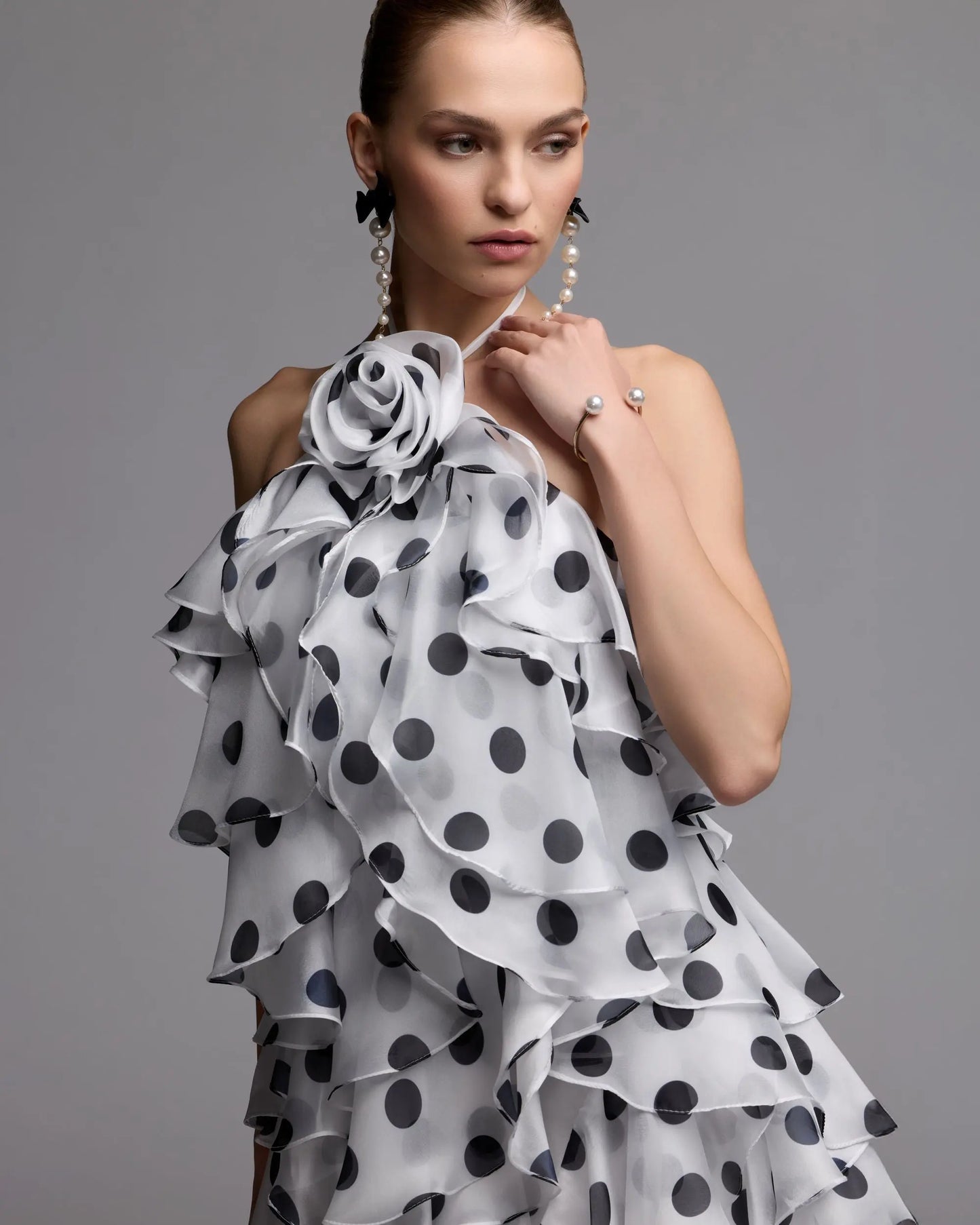 White Polka Dot Halter Neck Ruffle Mini Dress Ieena for Mac Duggal