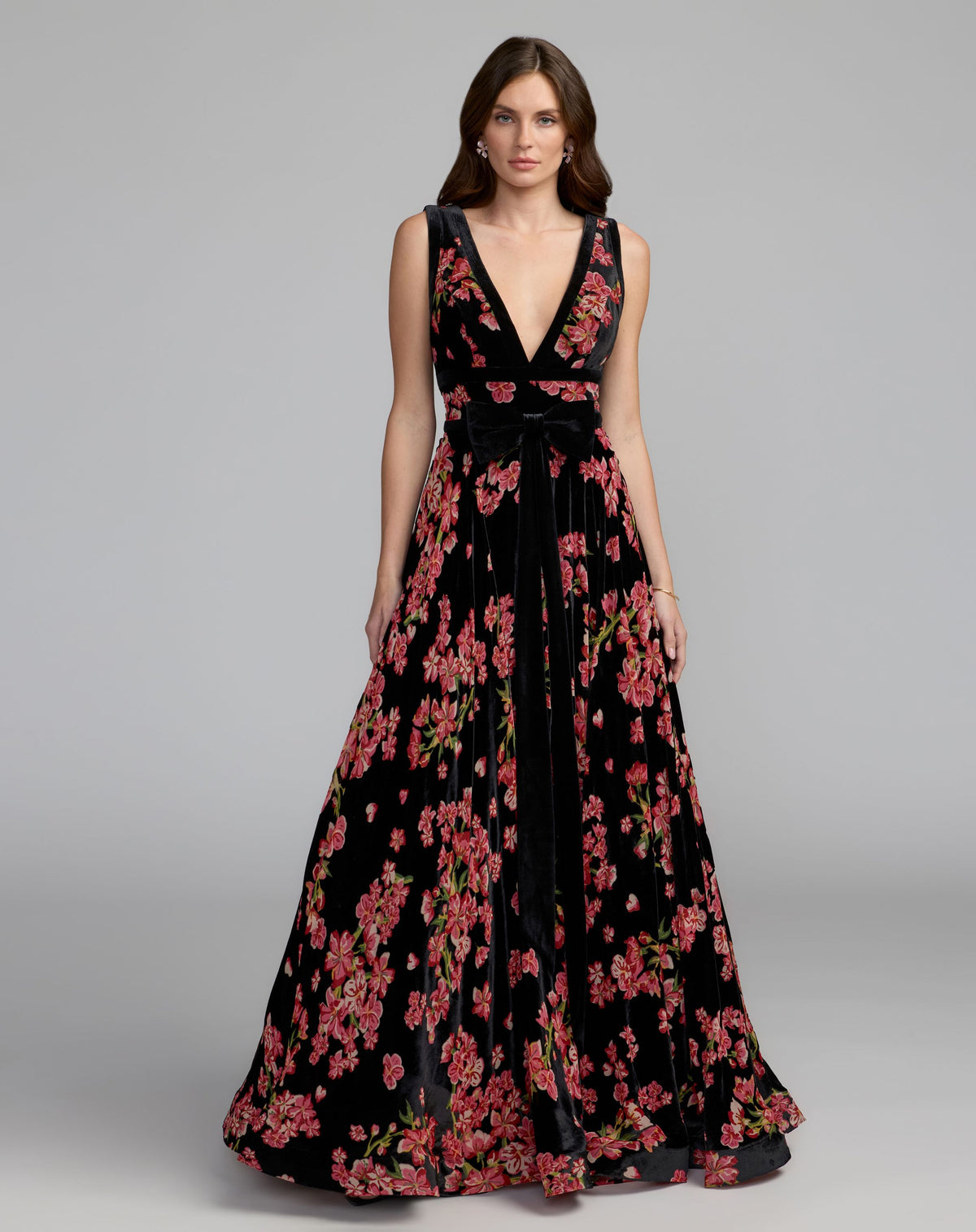 Black Floral Velvet Ballgown With Bow - Ieena for Mac Duggal