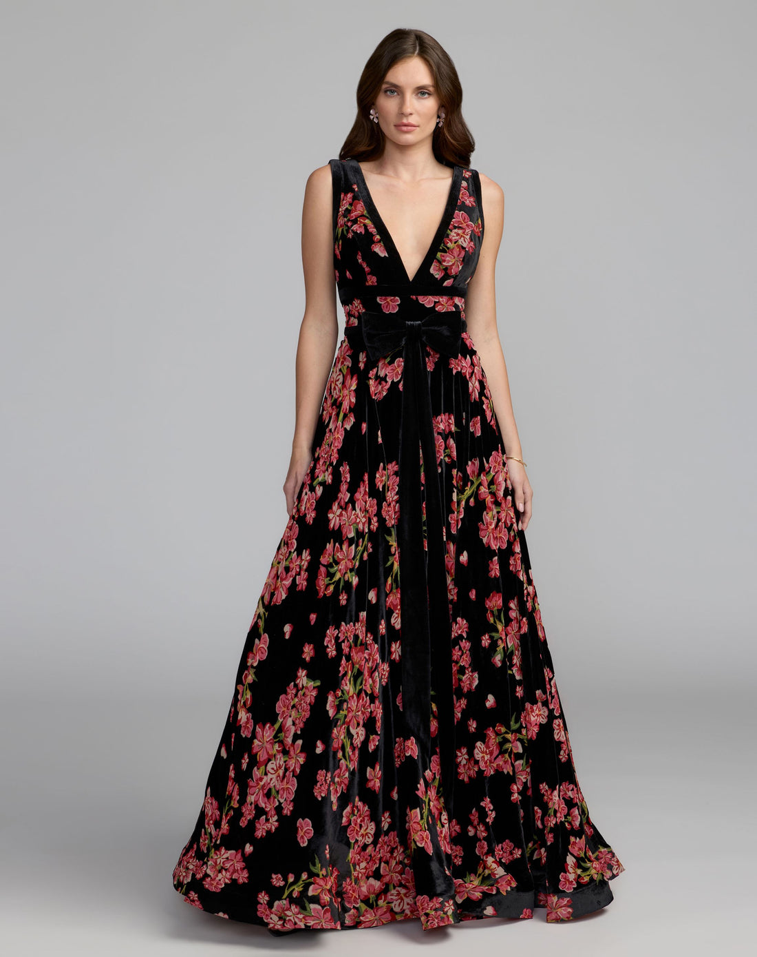 Black Floral Velvet Ballgown With Bow - Ieena for Mac Duggal