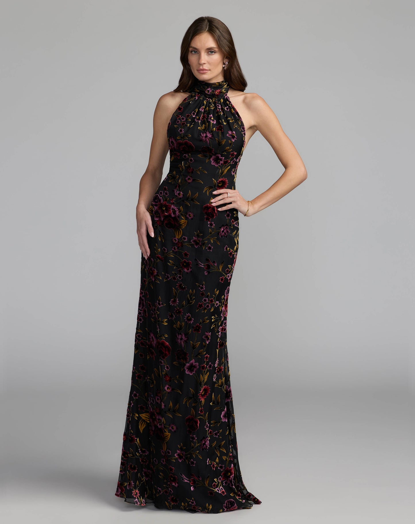 Black Floral Burnout Velvet Halter Gown Ieena for Mac Duggal